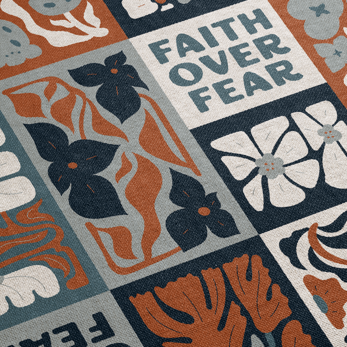 Decorative mat with floral patterns and 'Faith Over Fear' text