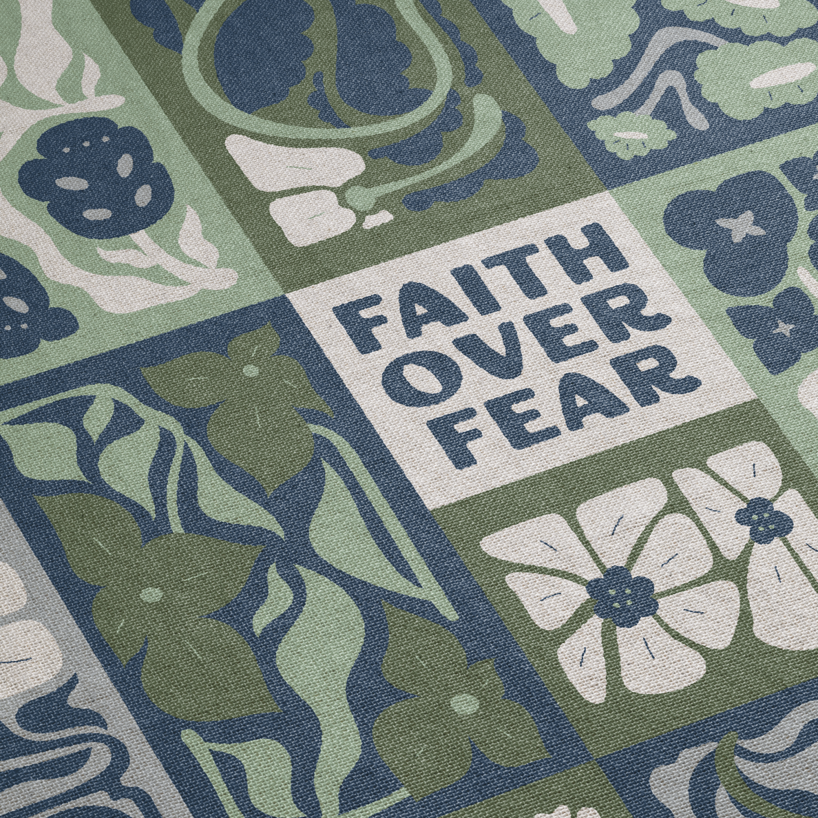 Decorative mat with floral patterns and 'Faith Over Fear' text