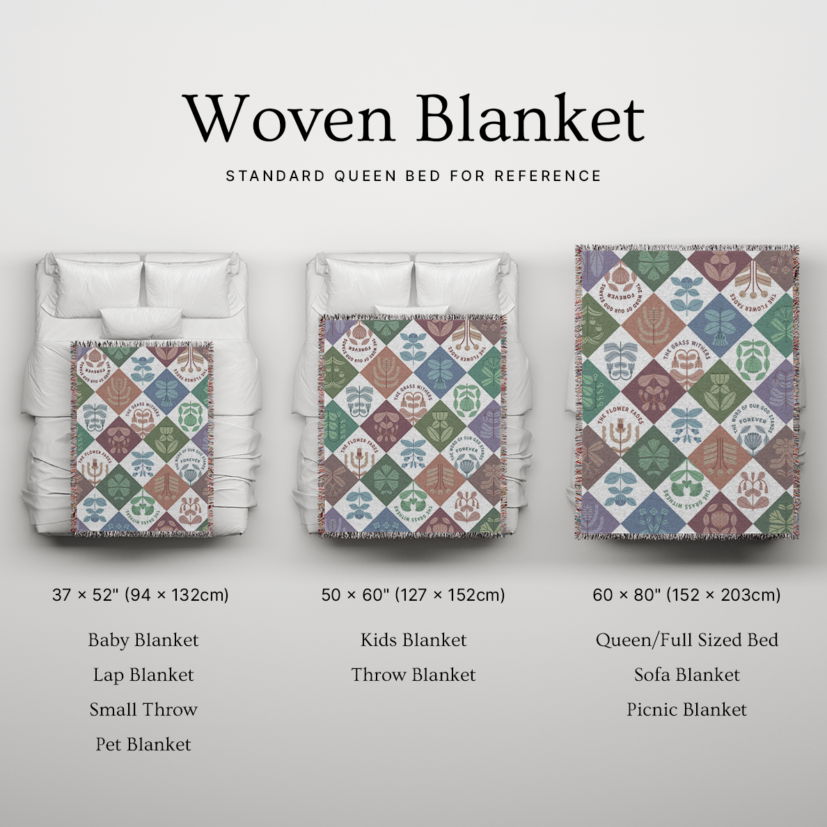 Woven blanket with different sizes displayed on a bed for reference.