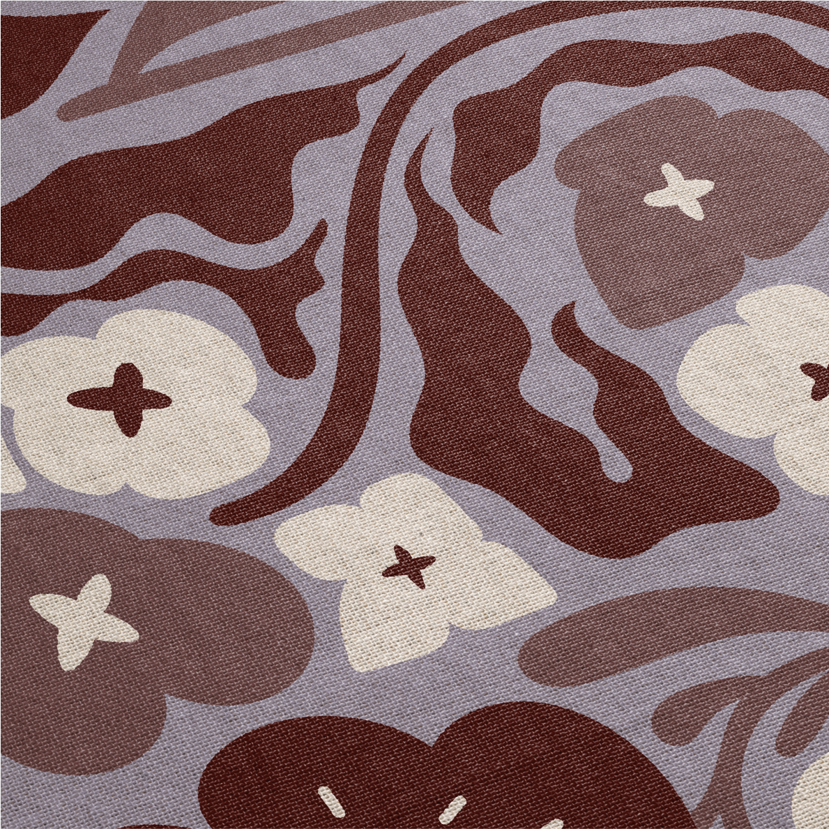 Patterned fabric with brown and white floral design on a gray background