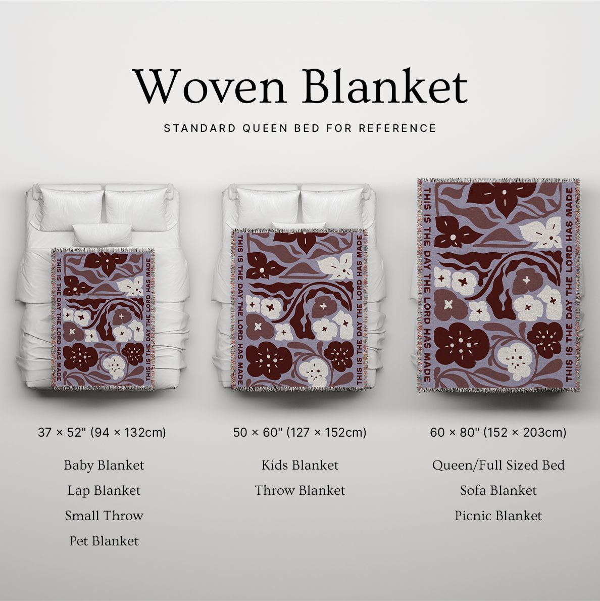 Woven blanket with various sizes displayed on a bed for reference.