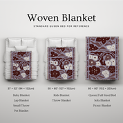 Woven blanket with various sizes displayed on a bed for reference.