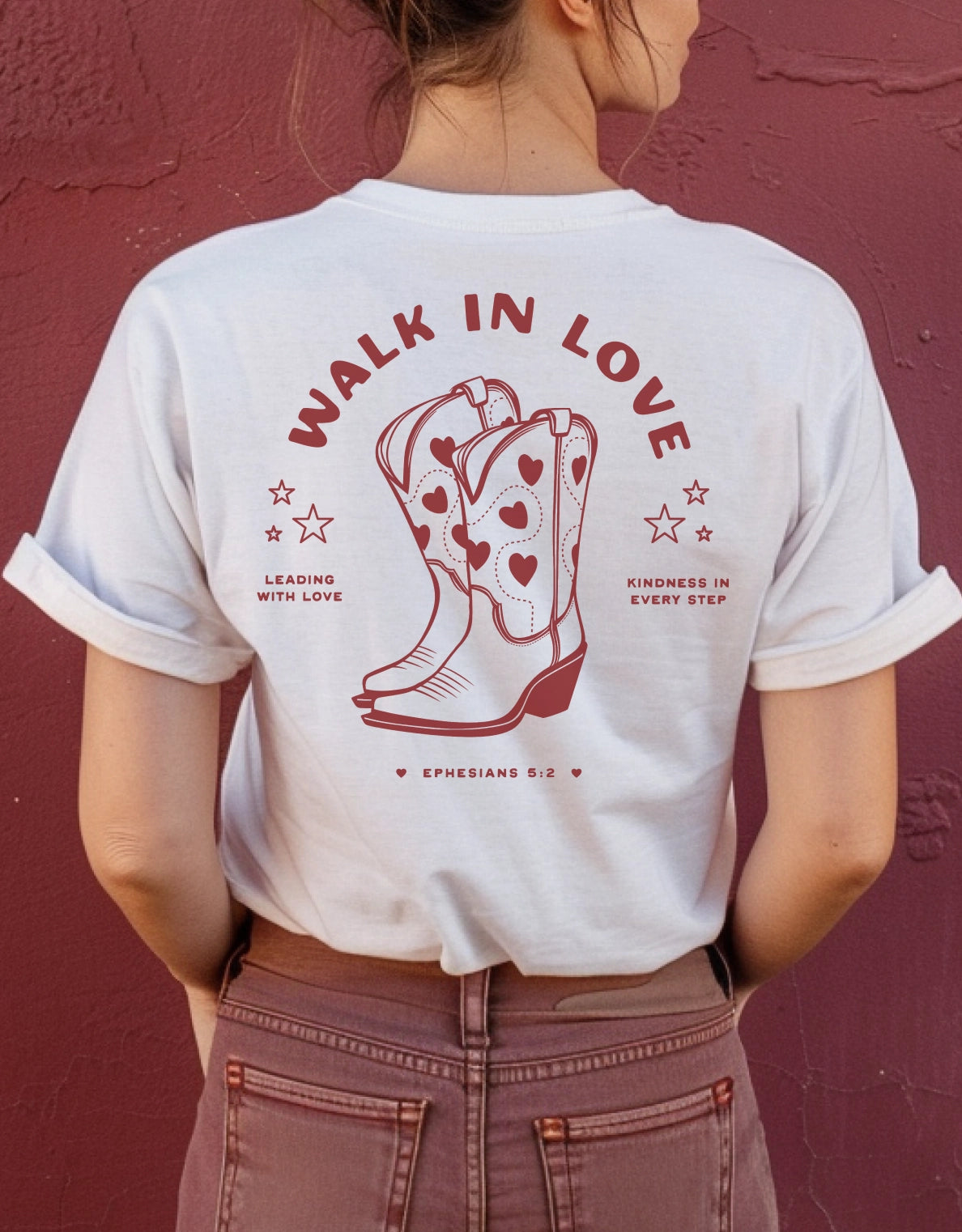 Christian t-shirt with the phrase “Walk in Love” inspired by Ephesians 5:2; soft unisex jersey tee for everyday faith and encouragement.