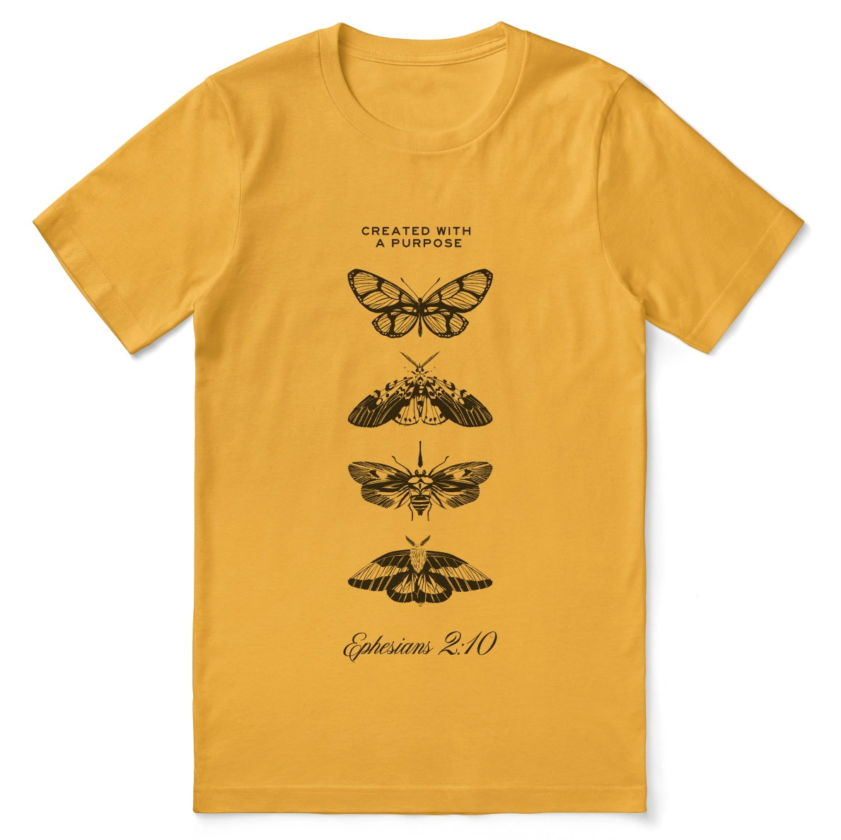Christian t-shirt with the phrase “Created with a Purpose – Masterpiece in Motion”; soft unisex cotton tee affirming God’s design and calling based on Ephesians 2:10.