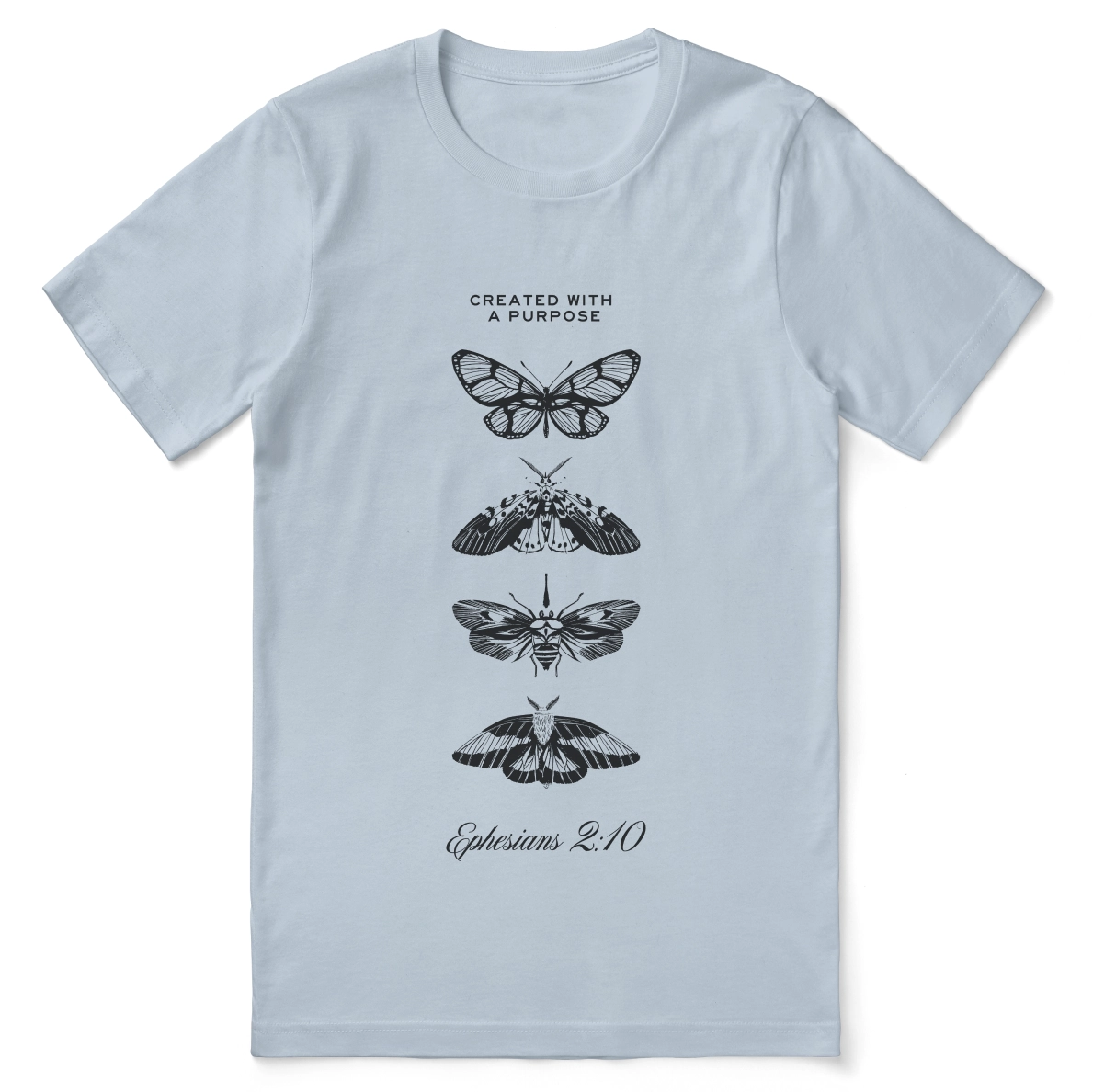 Christian t-shirt with the phrase “Created with a Purpose – Masterpiece in Motion”; soft unisex cotton tee affirming God’s design and calling based on Ephesians 2:10.