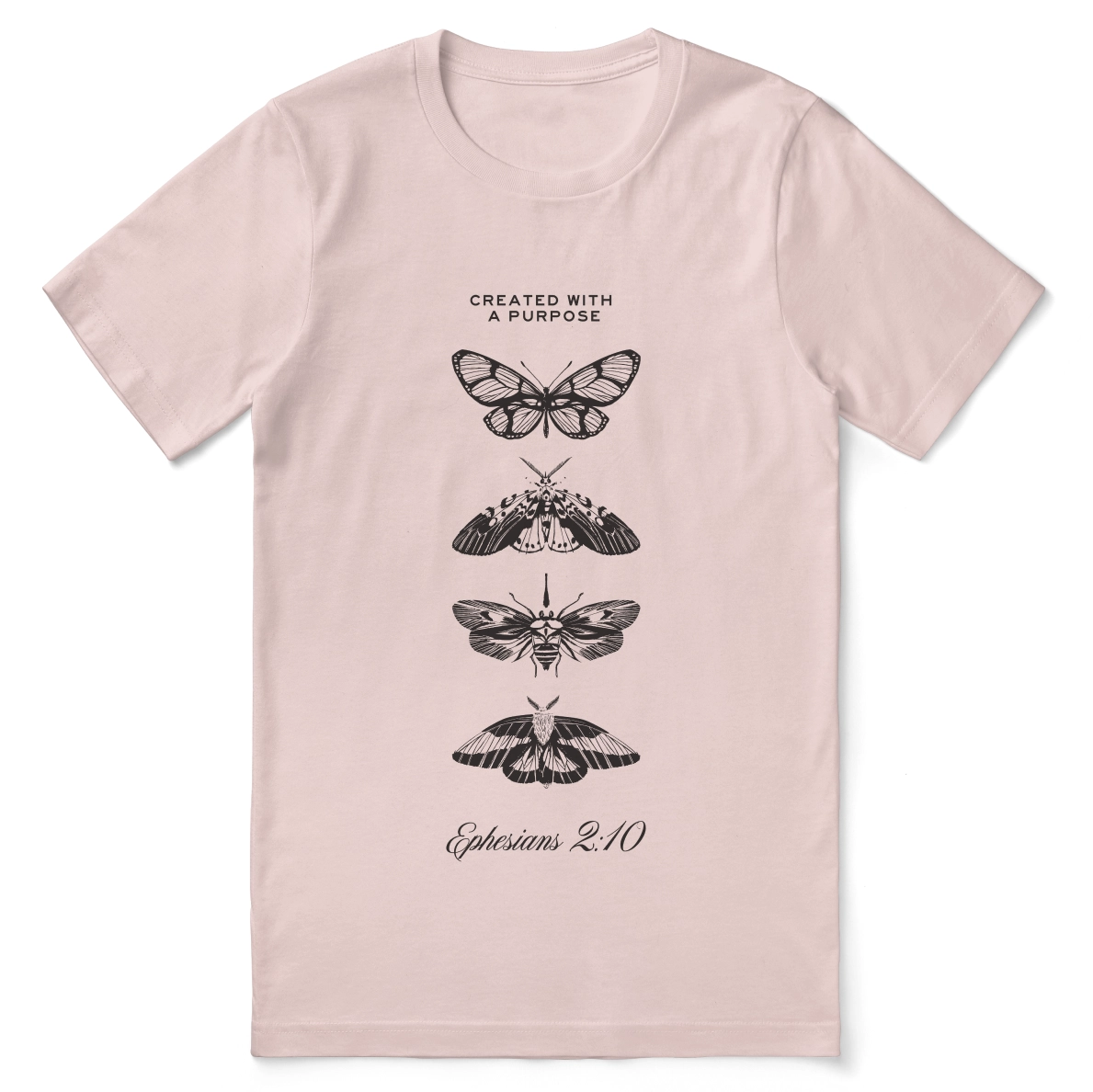 Christian t-shirt with the phrase “Created with a Purpose – Masterpiece in Motion”; soft unisex cotton tee affirming God’s design and calling based on Ephesians 2:10.