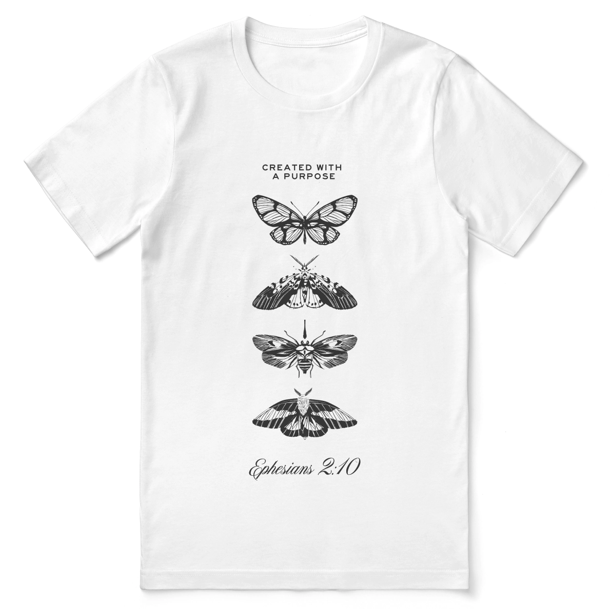 Christian t-shirt with the phrase “Created with a Purpose – Masterpiece in Motion”; soft unisex cotton tee affirming God’s design and calling based on Ephesians 2:10.