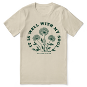 Christian t-shirt with “It Is Well With My Soul” in hand-lettered script; soft unisex cotton faith tee offering peace, comfort, and encouragement.