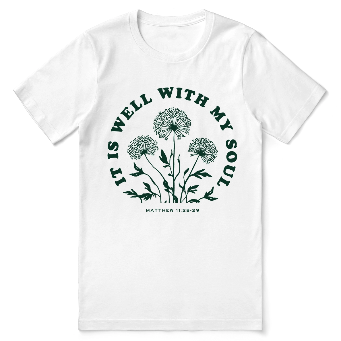 Christian t-shirt with “It Is Well With My Soul” in hand-lettered script; soft unisex cotton faith tee offering peace, comfort, and encouragement.