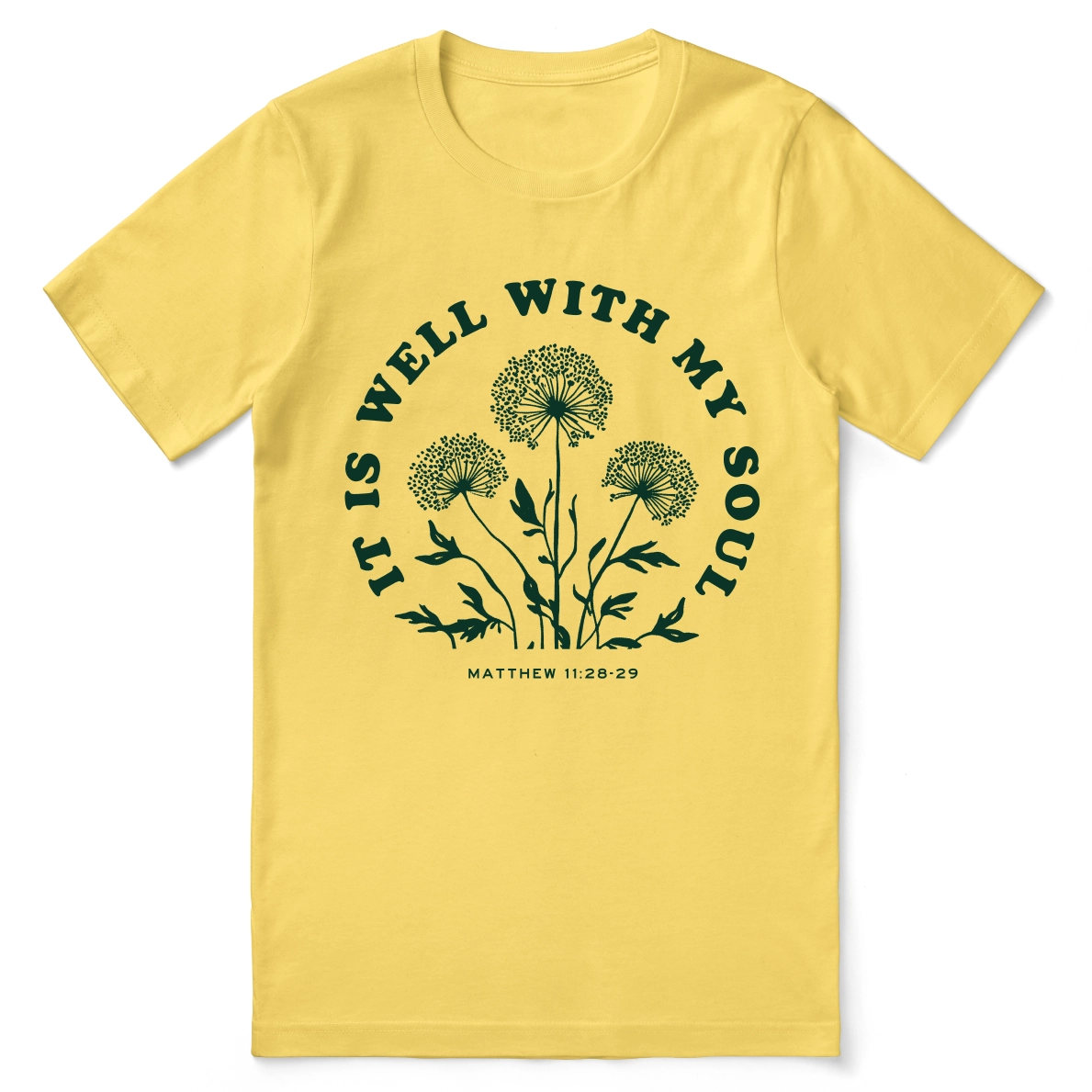 Christian t-shirt with “It Is Well With My Soul” in hand-lettered script; soft unisex cotton faith tee offering peace, comfort, and encouragement.