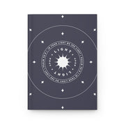 Notebook with circular design and text on a white background