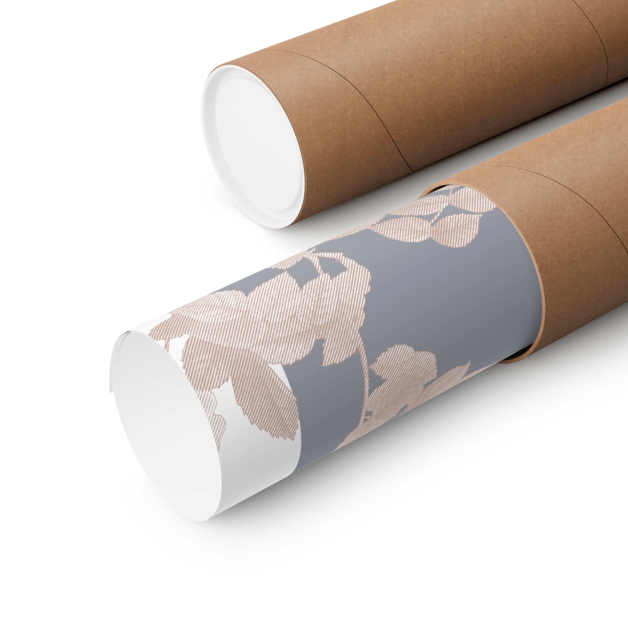 Roll of floral-patterned paper with a cardboard tube on a white background