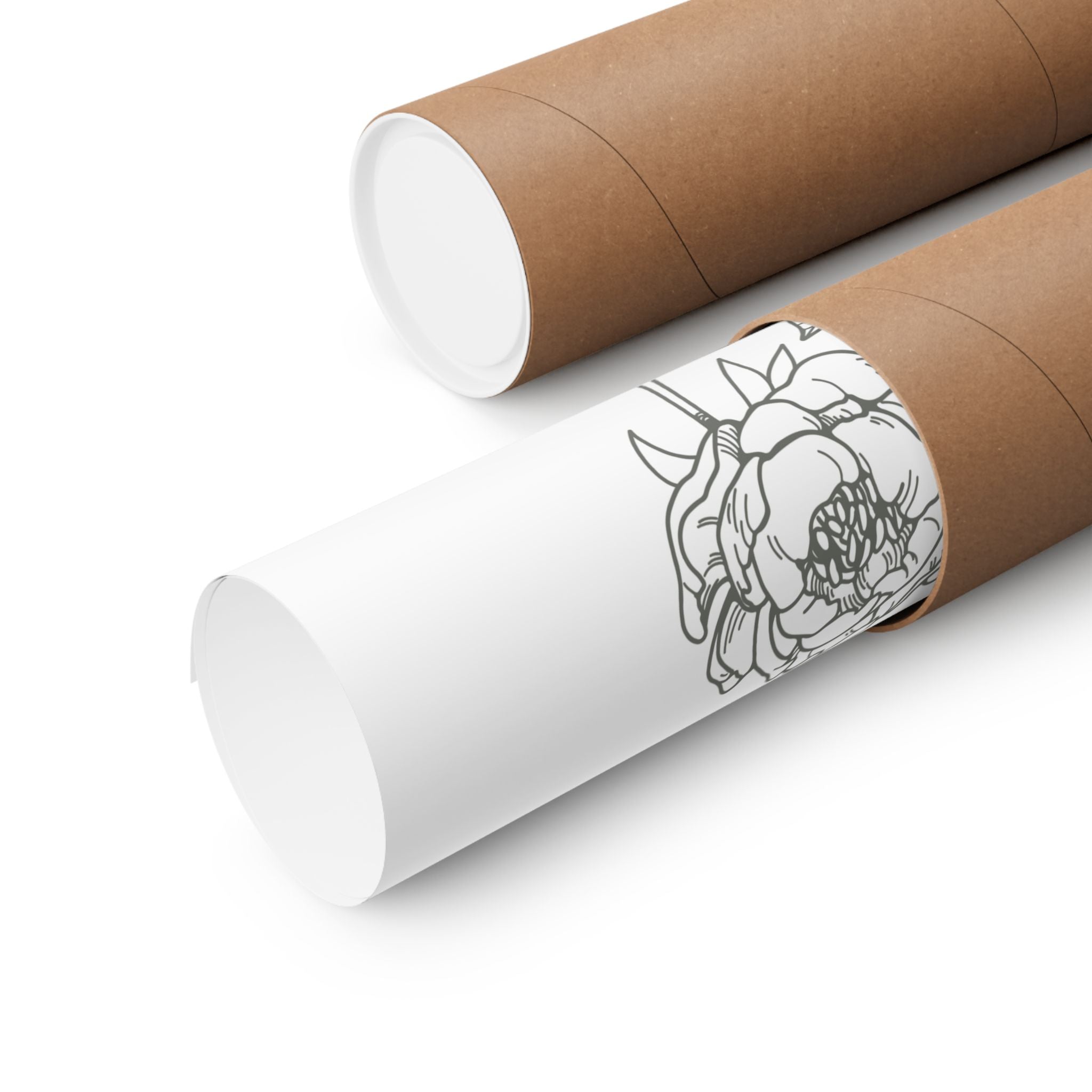 Two cardboard tubes with white paper rolls inside, one featuring a black and white design.