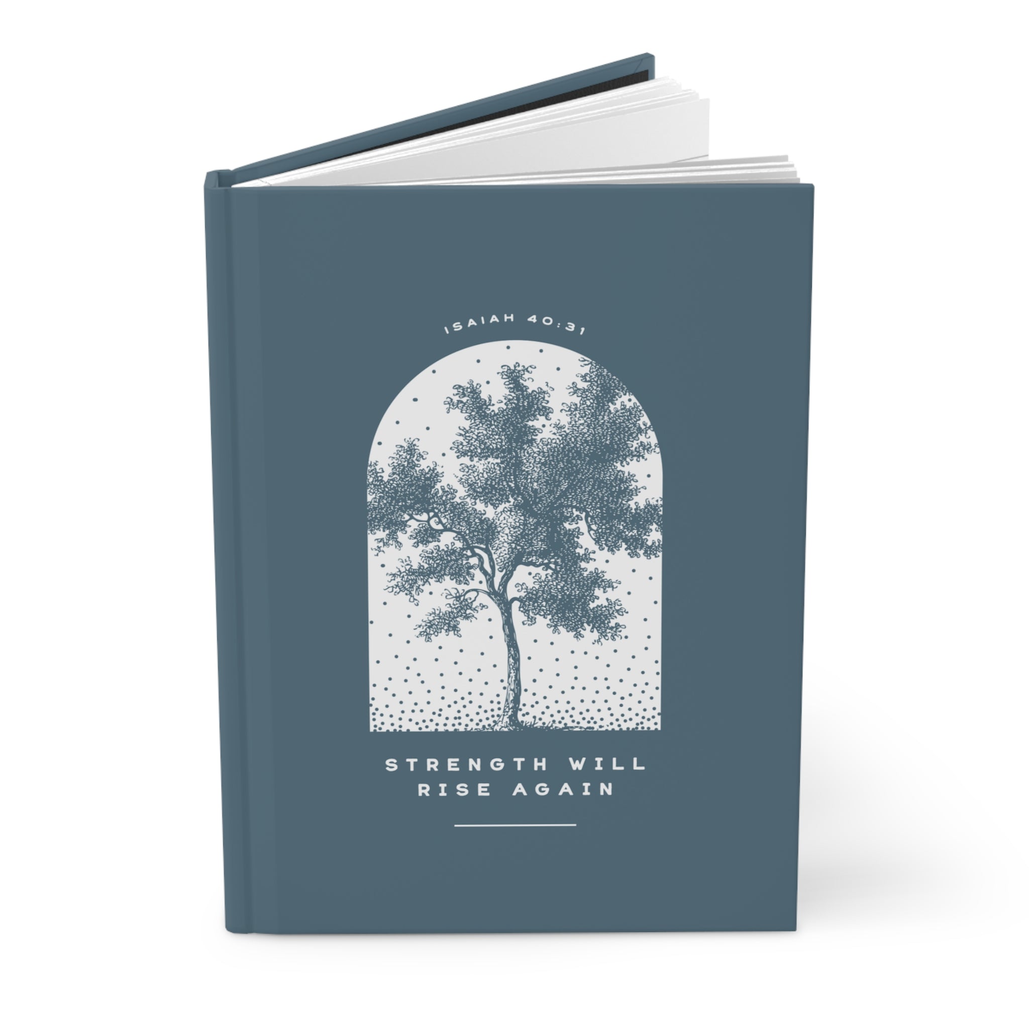 Blue notebook with tree design and 'Strength Will Rise Again' text on a white background