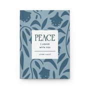 Notebook with blue floral pattern and 'Peace I Leave With You' text on a white background