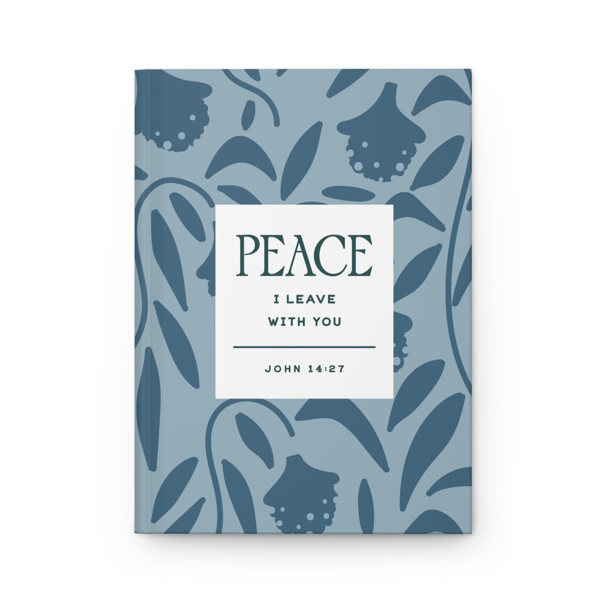Notebook with blue floral pattern and 'Peace I Leave With You' text on a white background