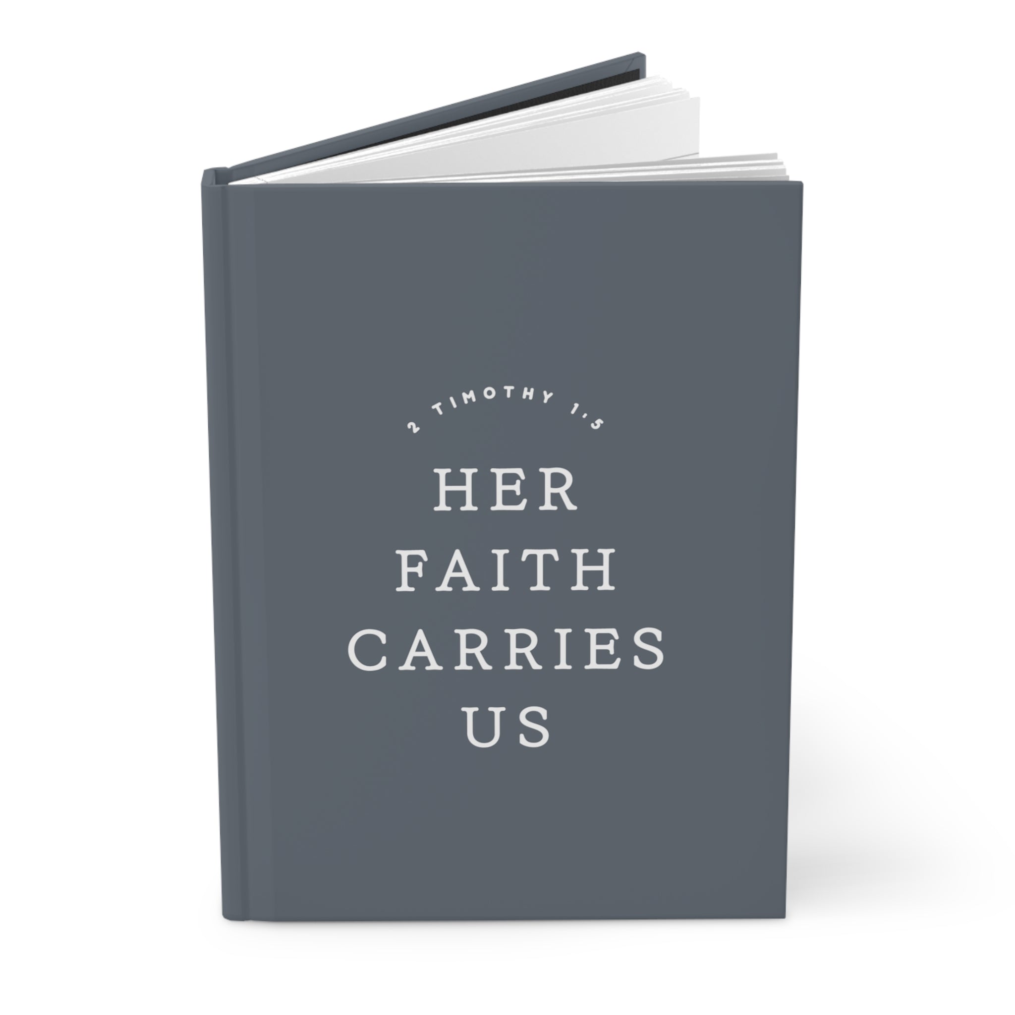 Gray book with 'Her Faith Carries Us' text on a white background