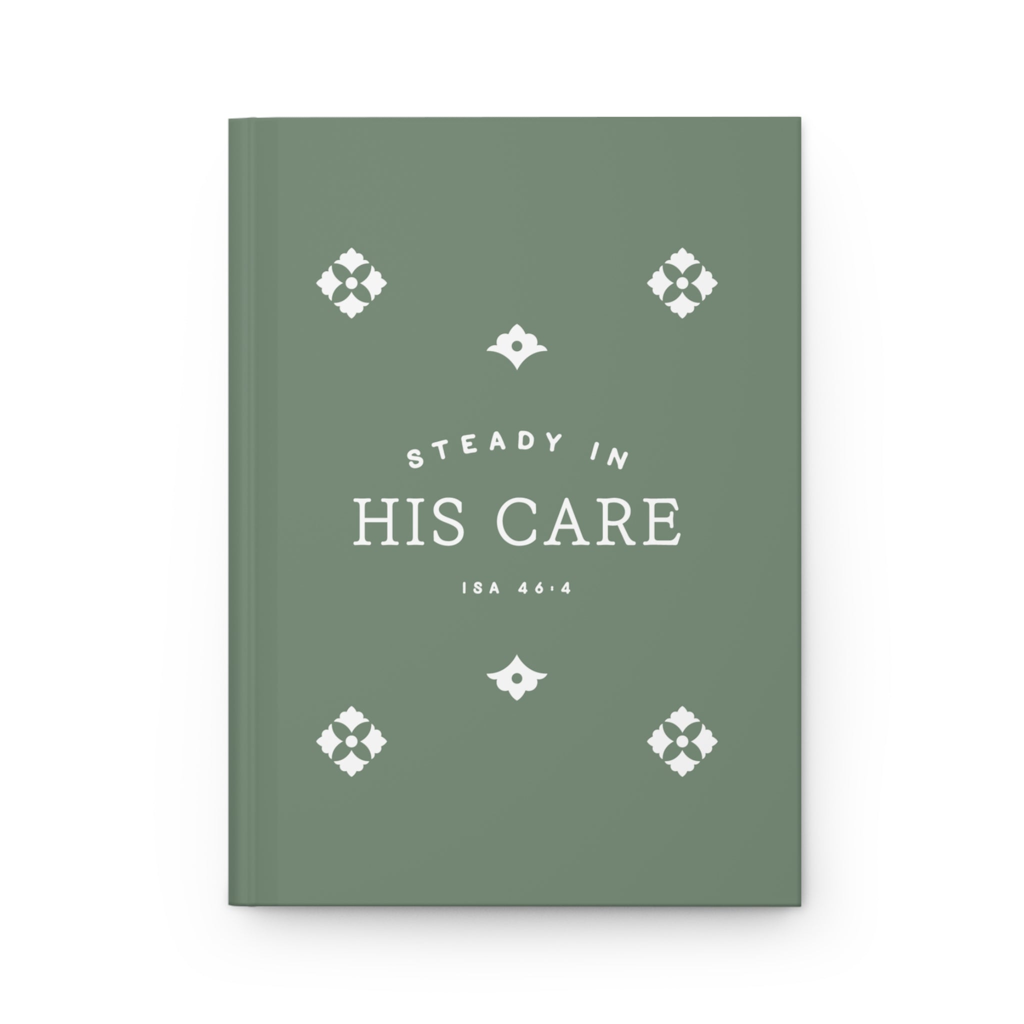 Green book with 'Steady in His Care' text on a white background