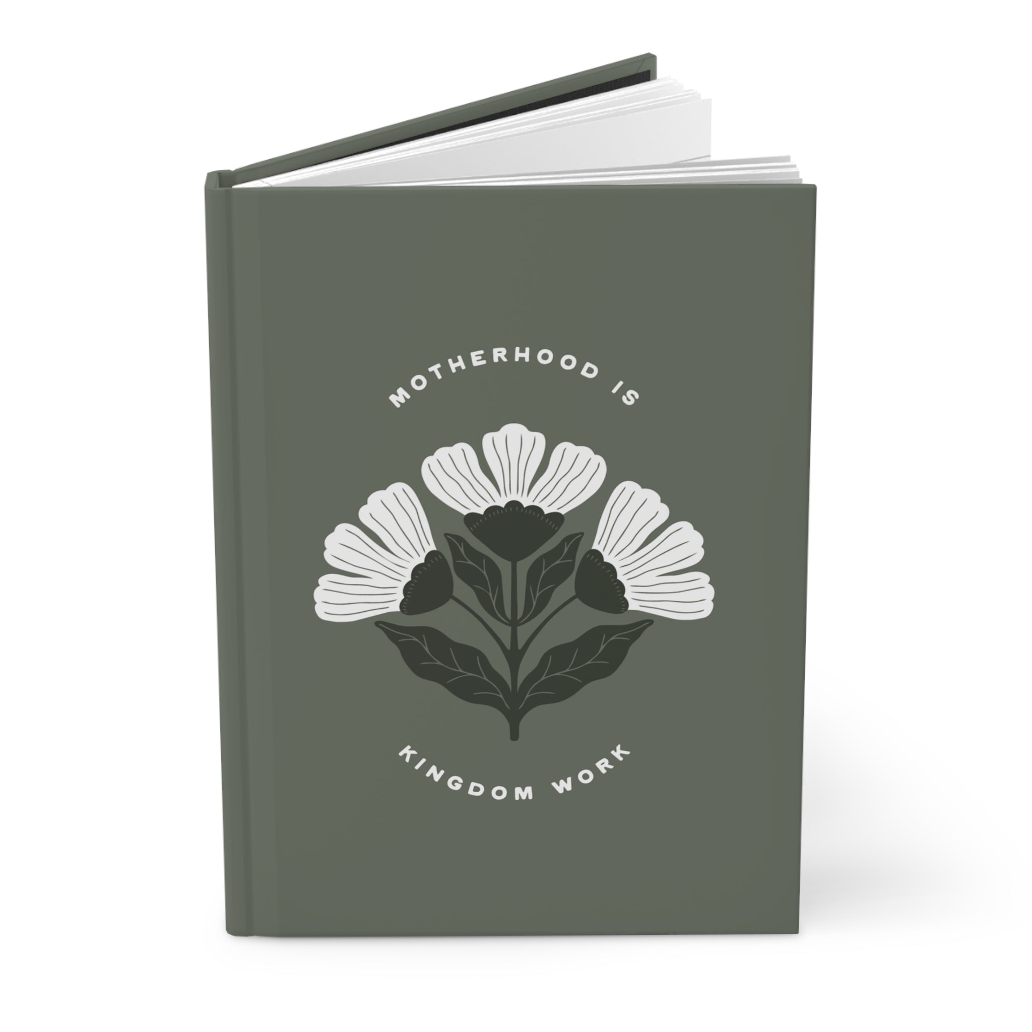Gray notebook with floral design and text on a white background