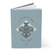 Blue notebook with floral design and text on a white background