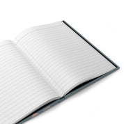 Open notebook with lined pages on a white background