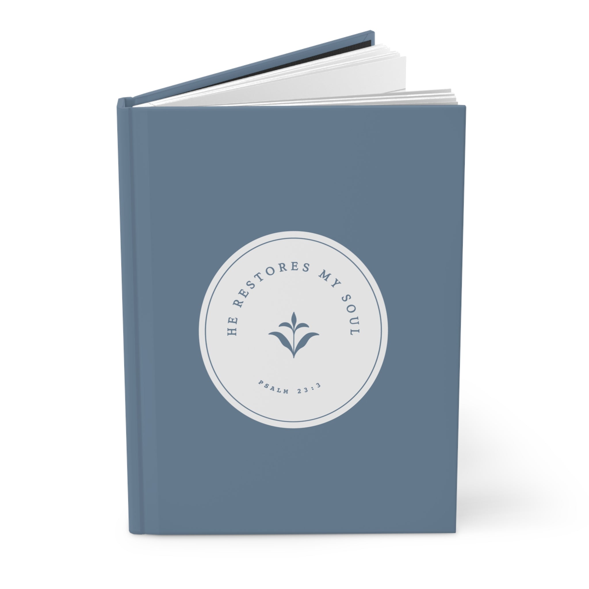Blue notebook with a circular design and text on a white background