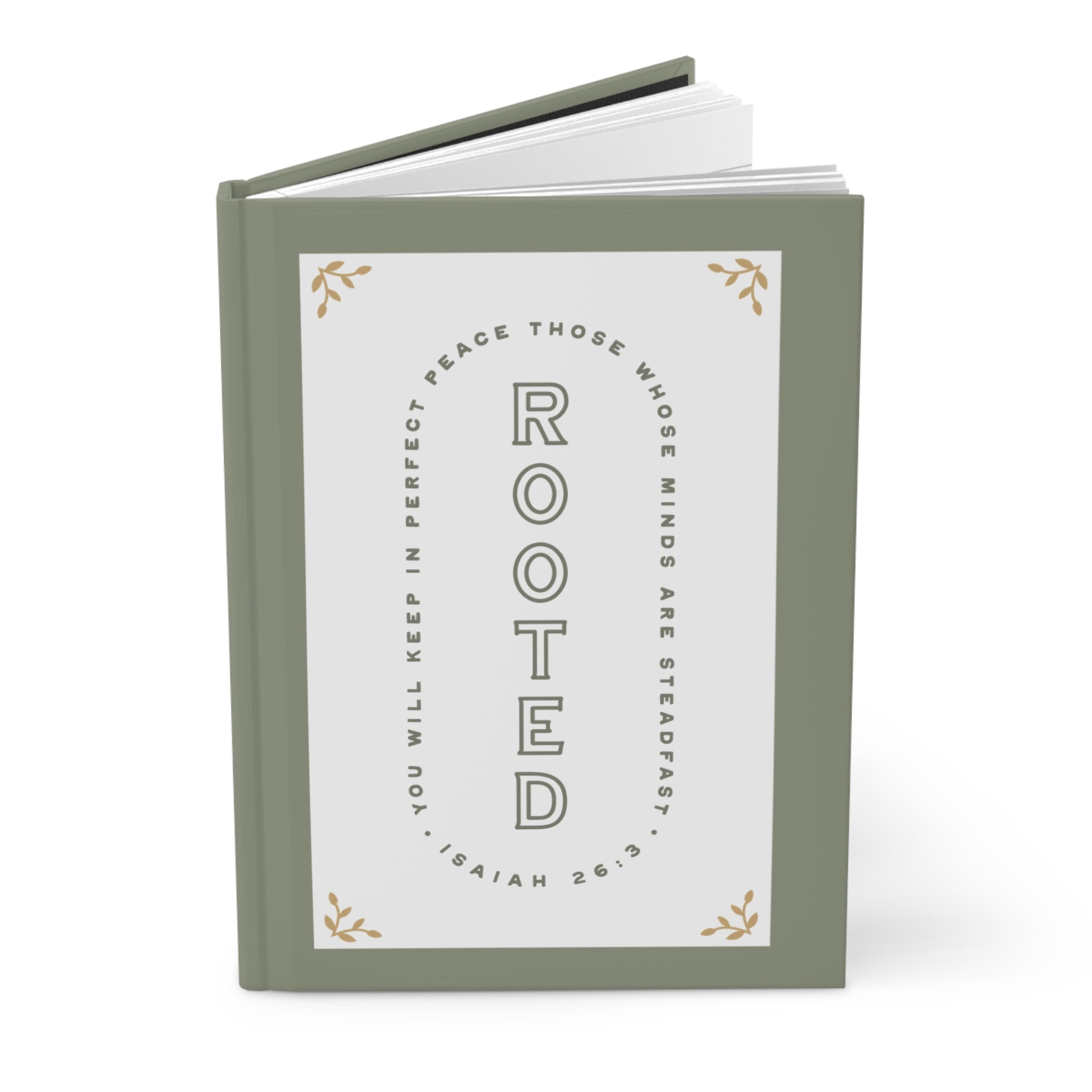 Green book with 'Rooted' quote on a white background