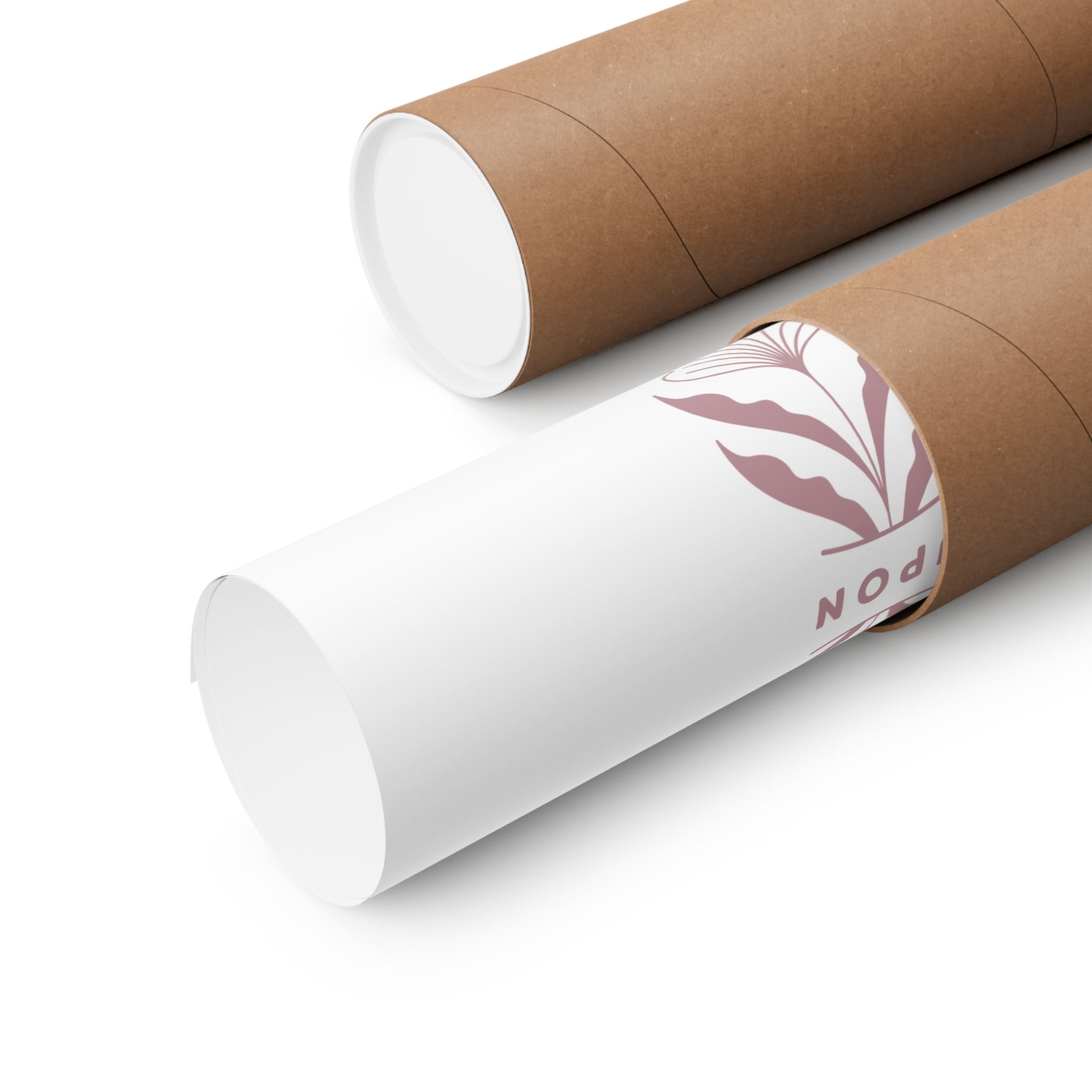 Two cardboard tubes, one white and one brown with a floral label, on a white background.
