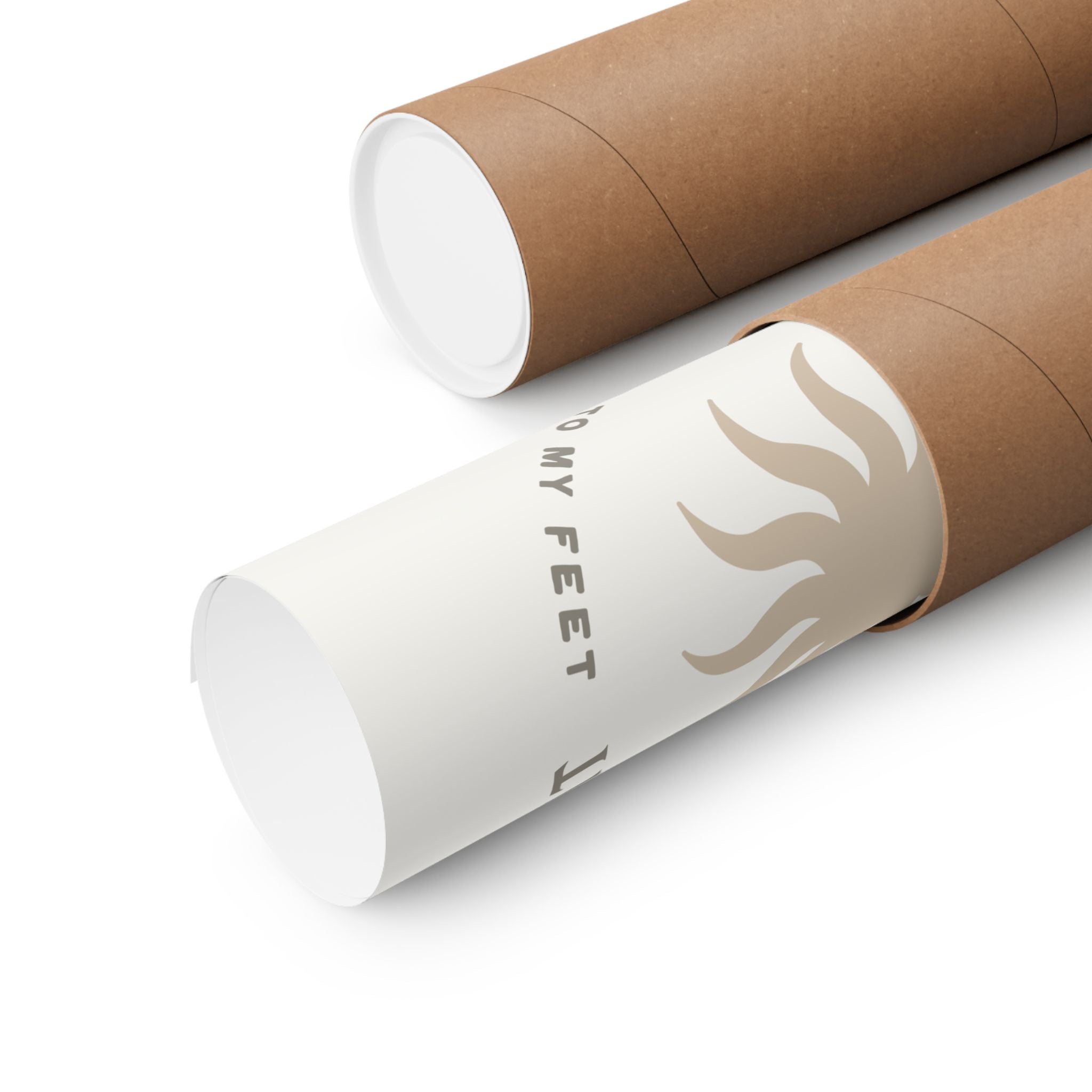 Two cardboard tubes with white labels on a white background