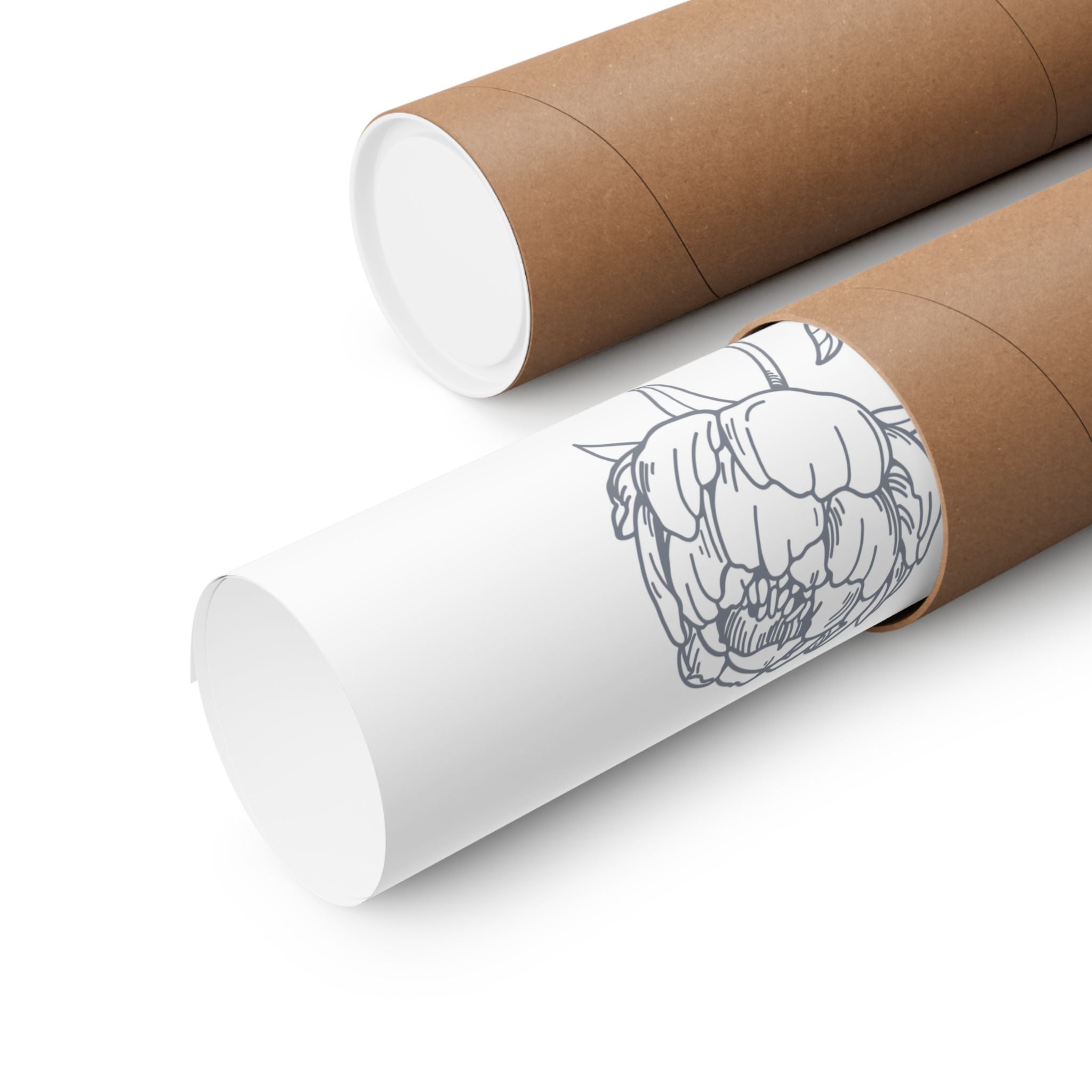Two rolls of paper with one featuring a black and white illustration of a rhinoceros.