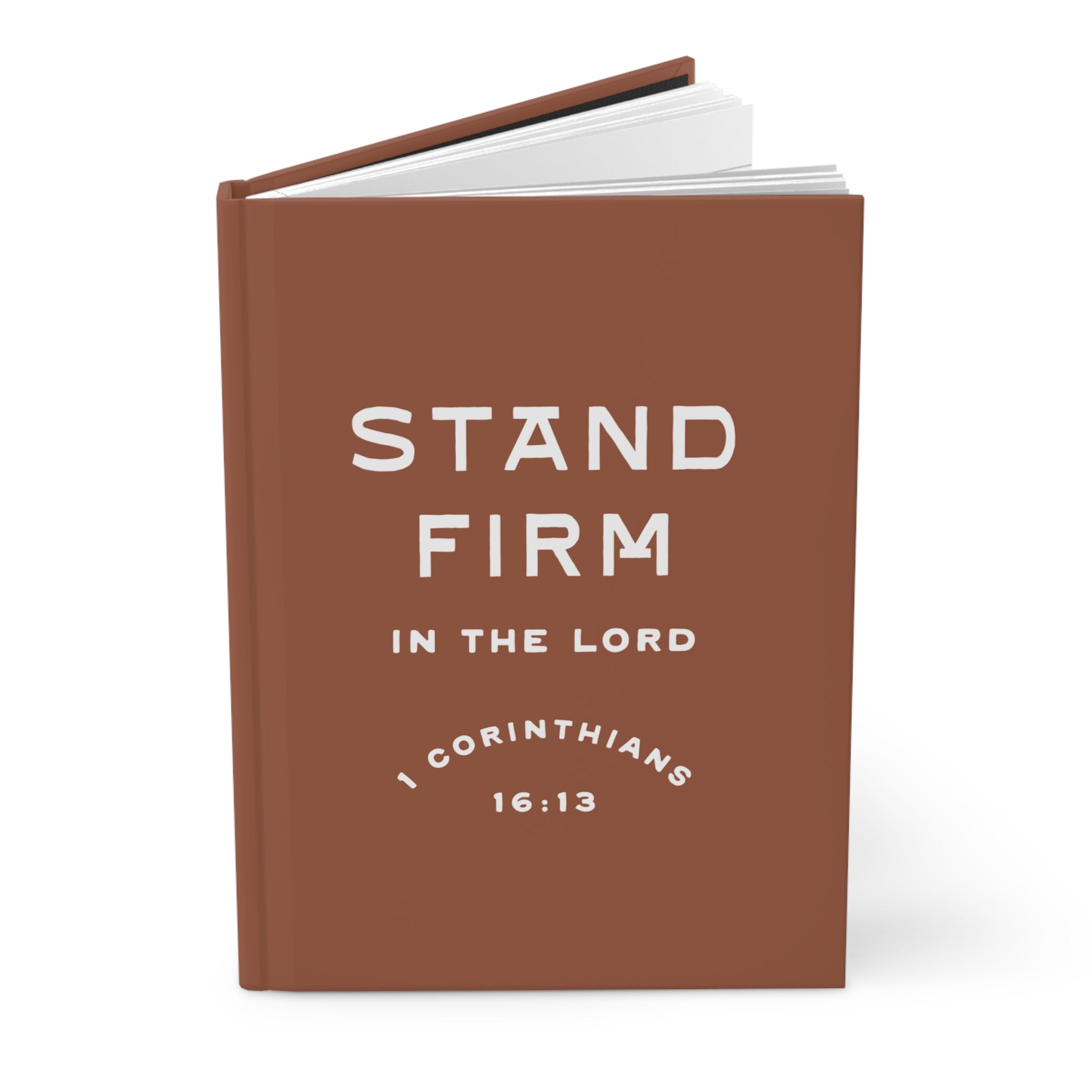 Brown book with 'Stand Firm in the Lord' text on a white background