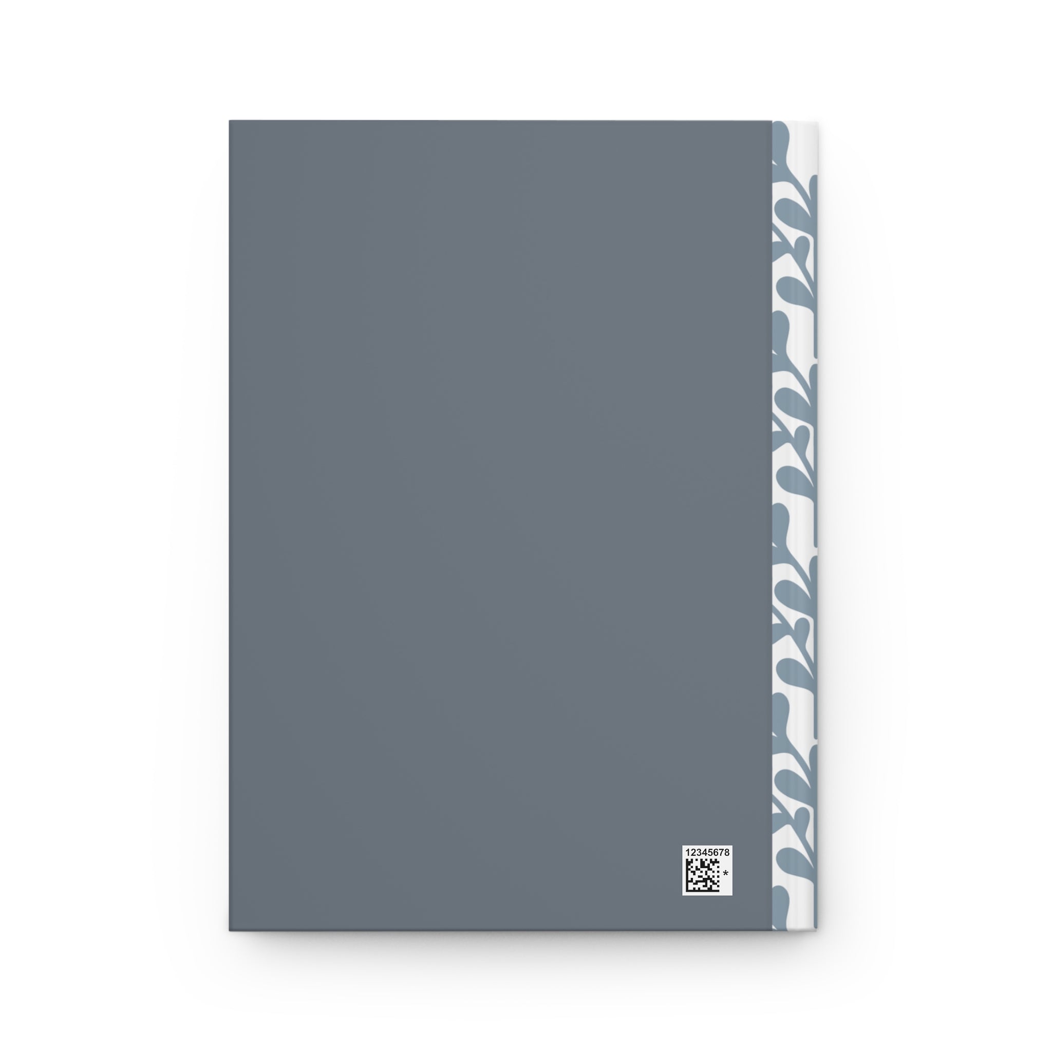 Gray notebook with a white and blue patterned edge on a white background