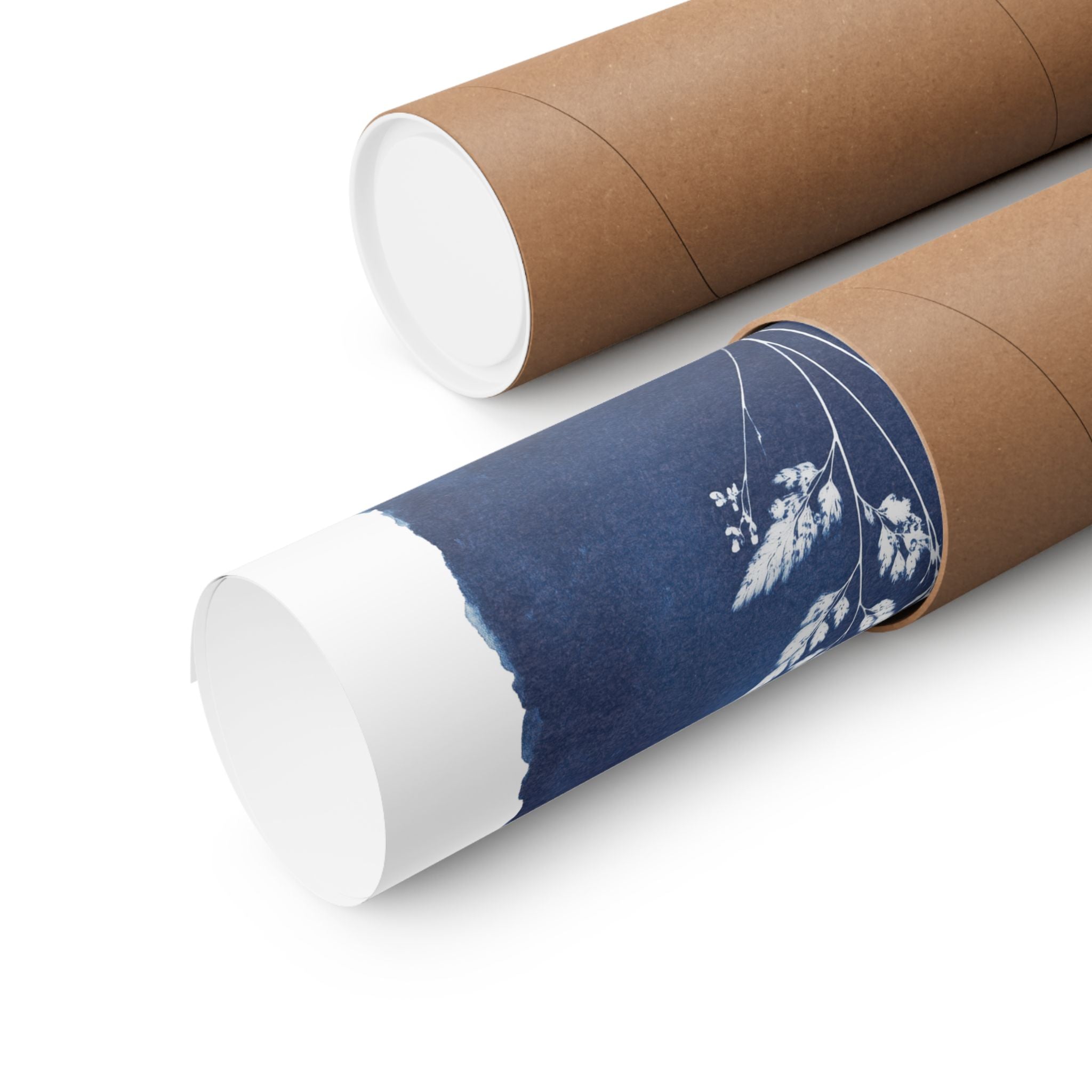 Two cardboard tubes, one with a white cap and the other with a blue decorative cap featuring floral patterns on a white background.