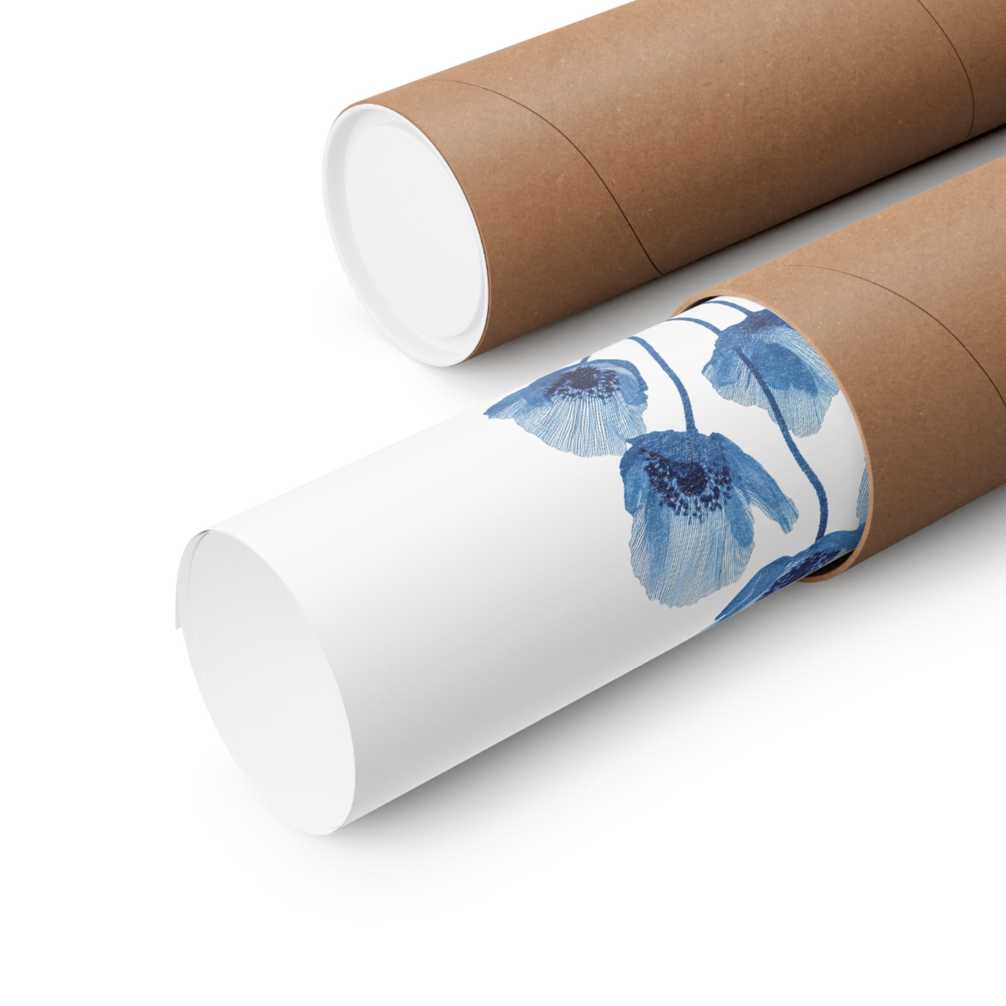 Roll of white paper with blue floral design on a cardboard tube against a white background