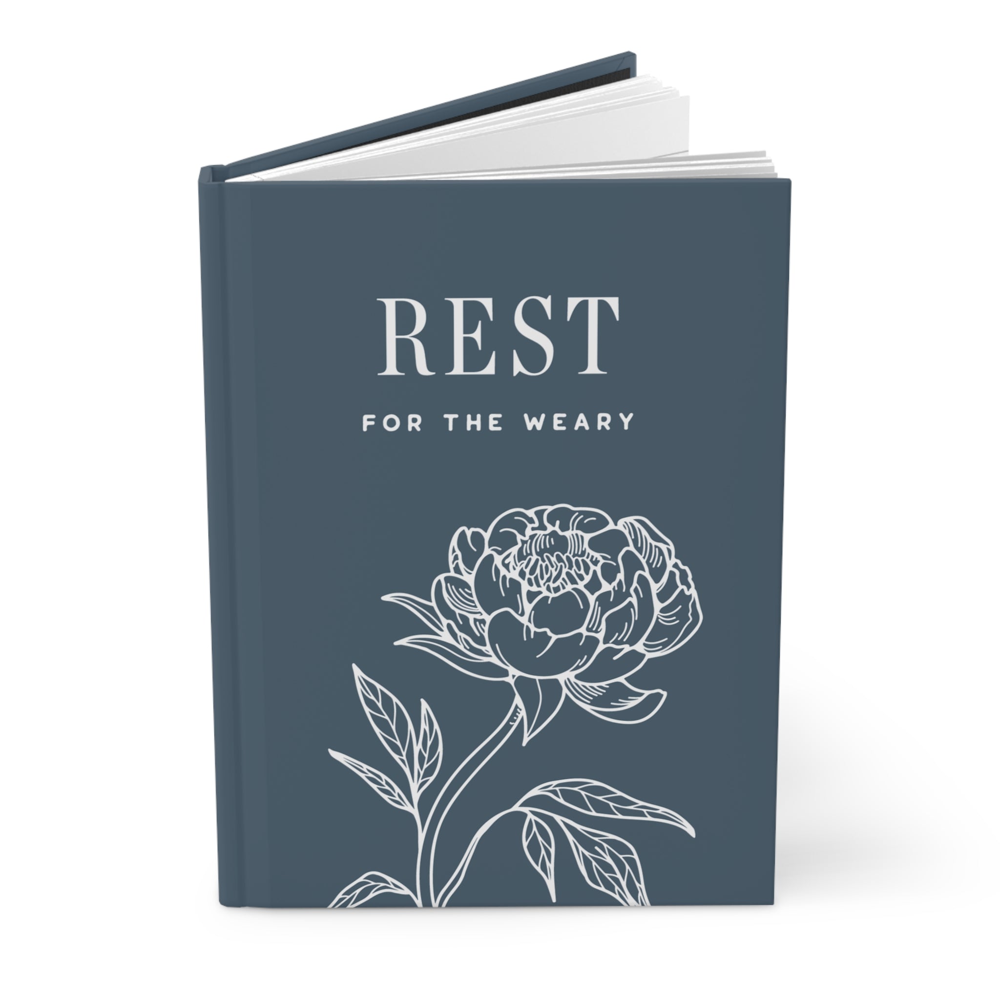 Book titled 'Rest for the Weary' with a floral design on a white background