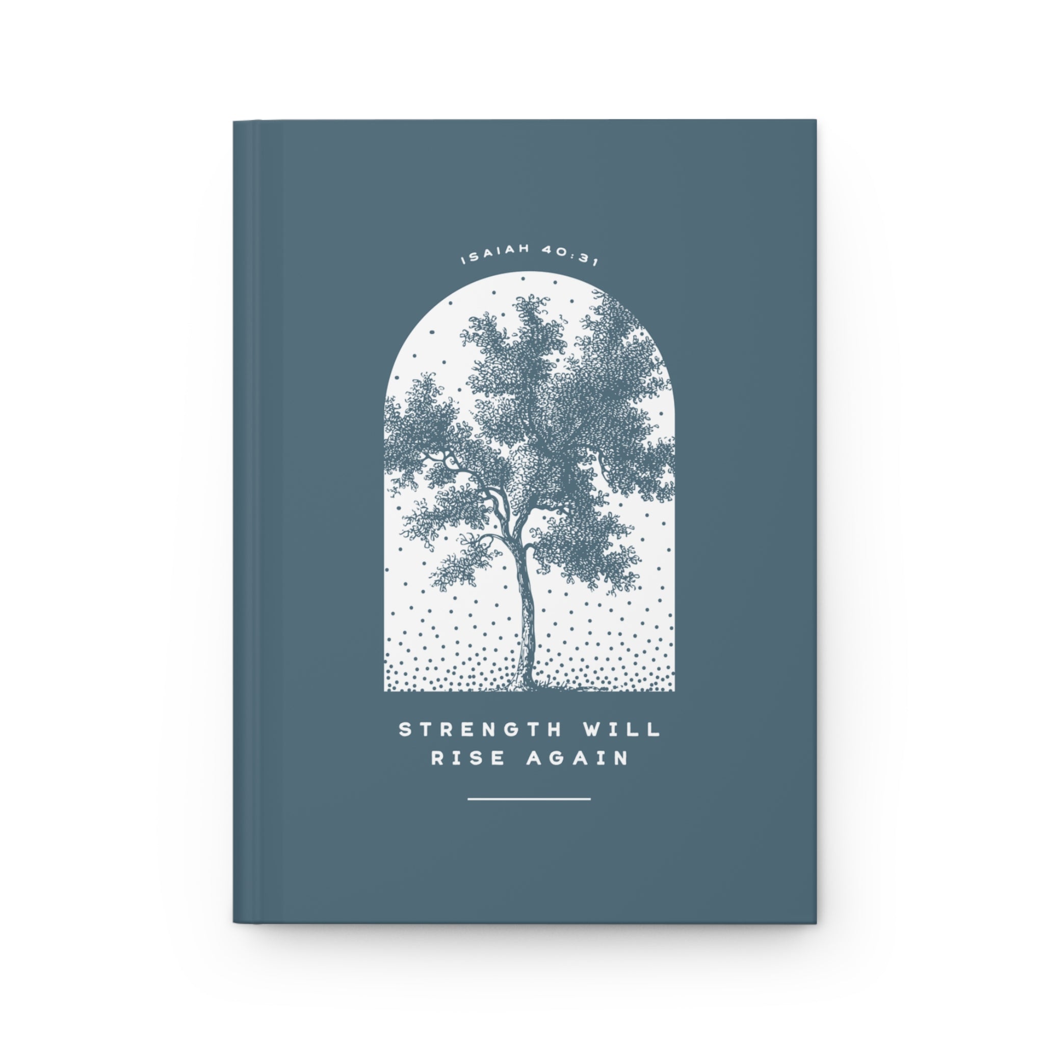 Blue notebook with a tree illustration and motivational quote on a white background