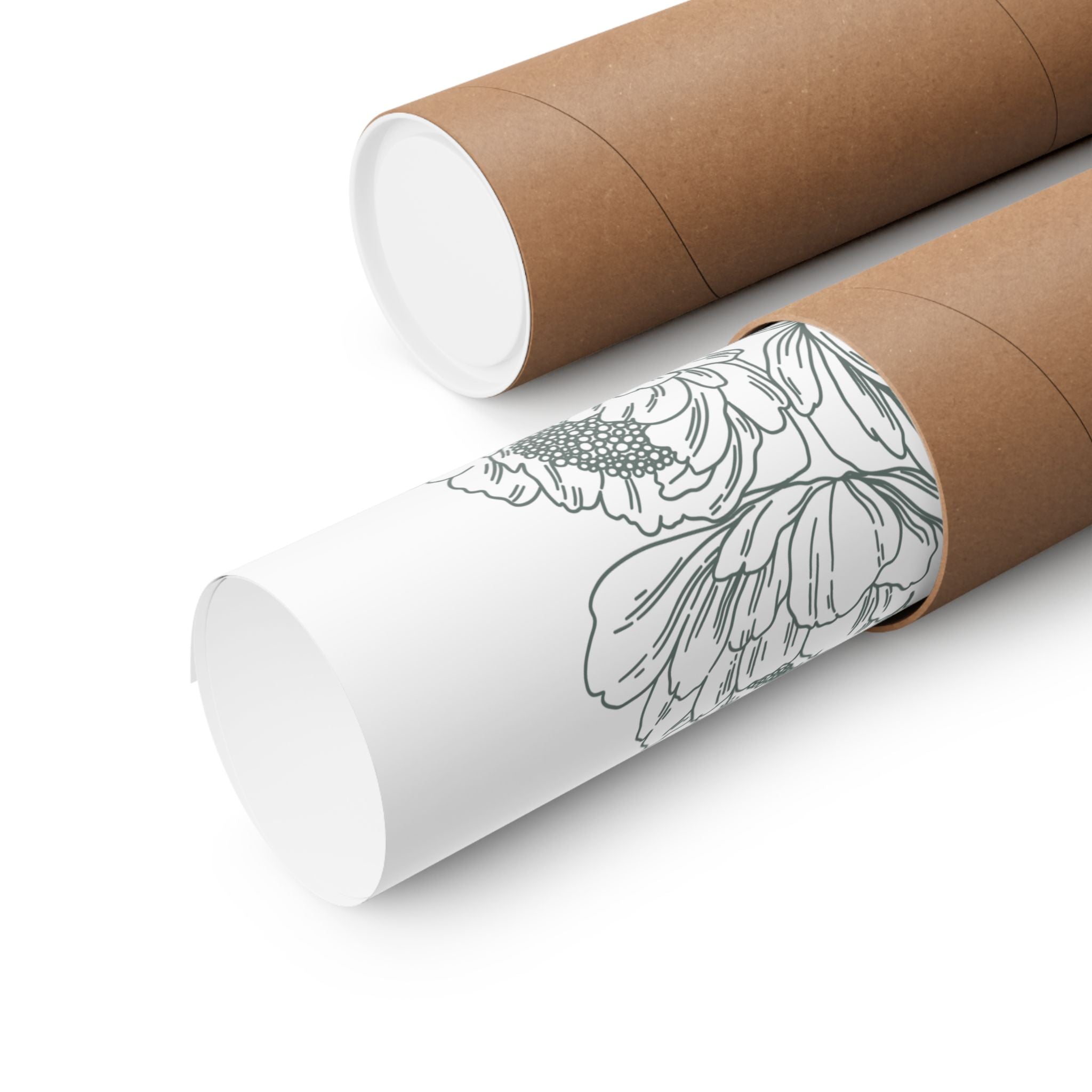 Two rolls of paper with floral designs on a white background