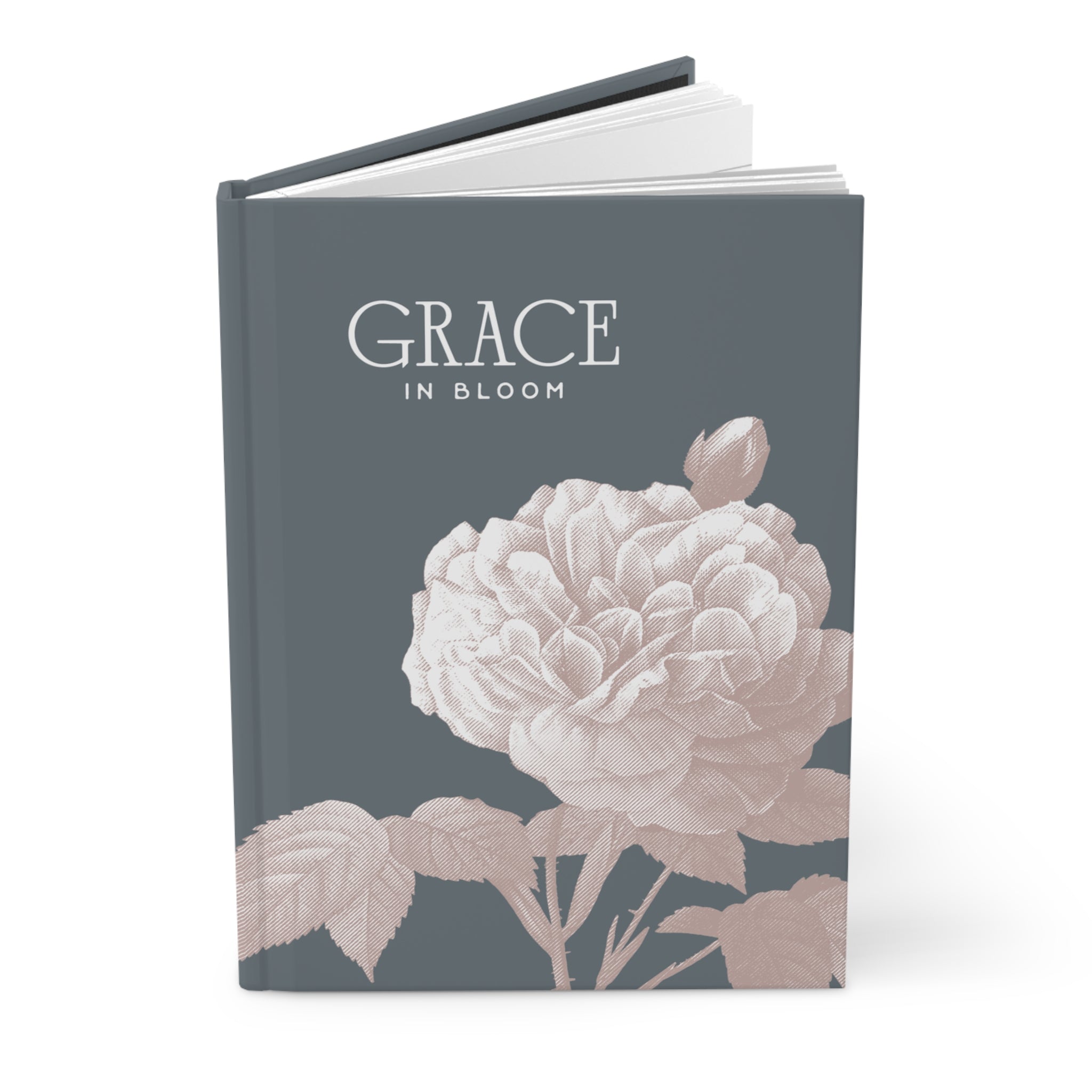 Book titled 'Grace in Bloom' with floral design on a gray background