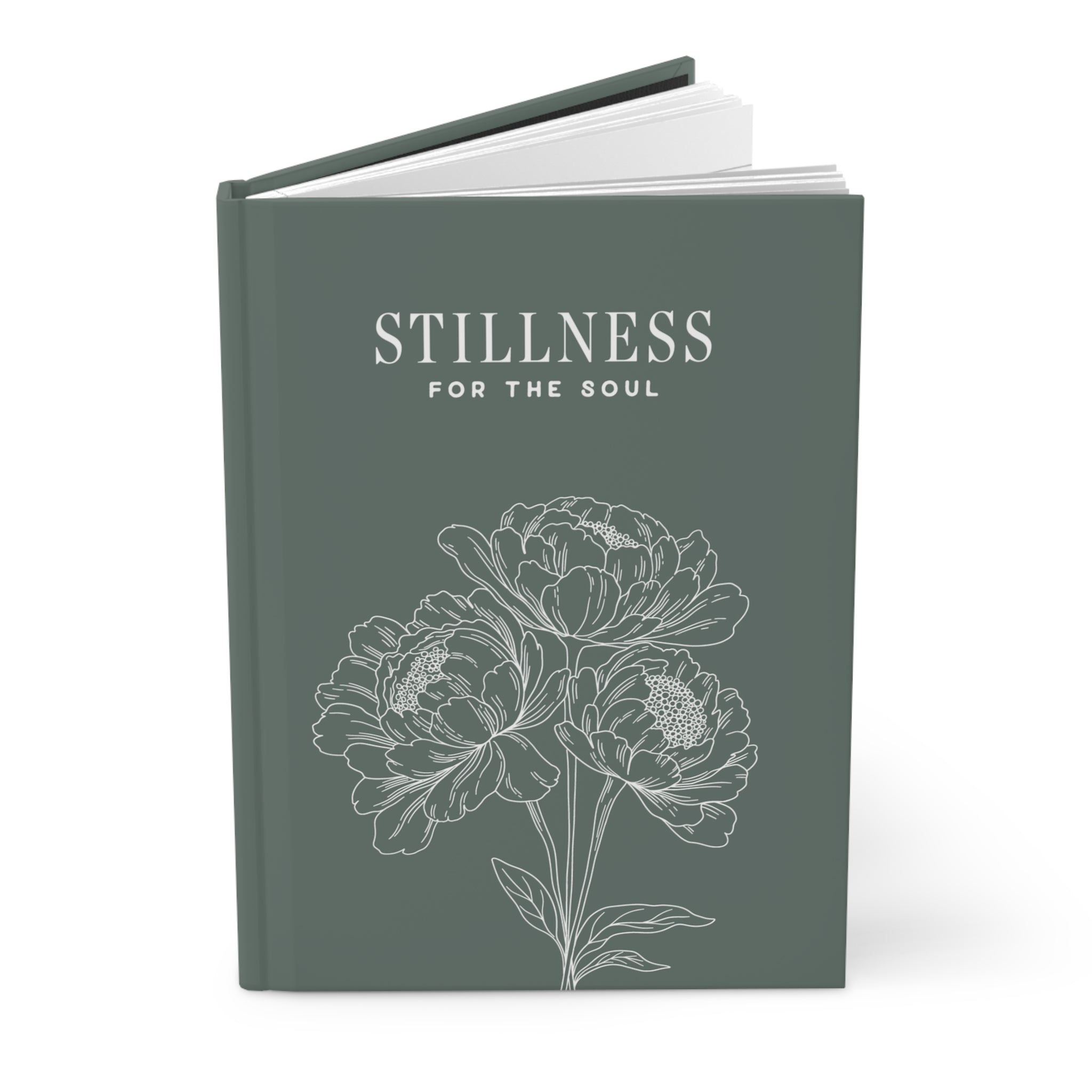 Book titled 'Stillness for the Soul' with floral design on a white background