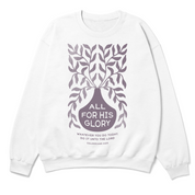 White sweatshirt with purple graphic and text on a white background