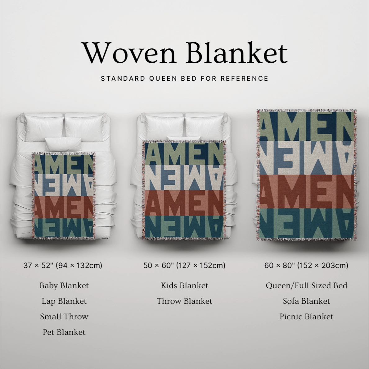 Christian woven blanket featuring bold “Amen” text in modern color-block design—an eye-catching and meaningful accent for faithful living and home decor.