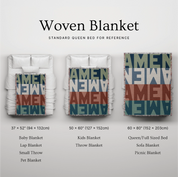 Christian woven blanket featuring bold “Amen” text in modern color-block design—an eye-catching and meaningful accent for faithful living and home decor.