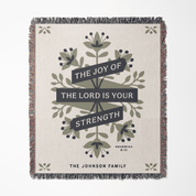 Blanket with decorative text and floral design on a white background