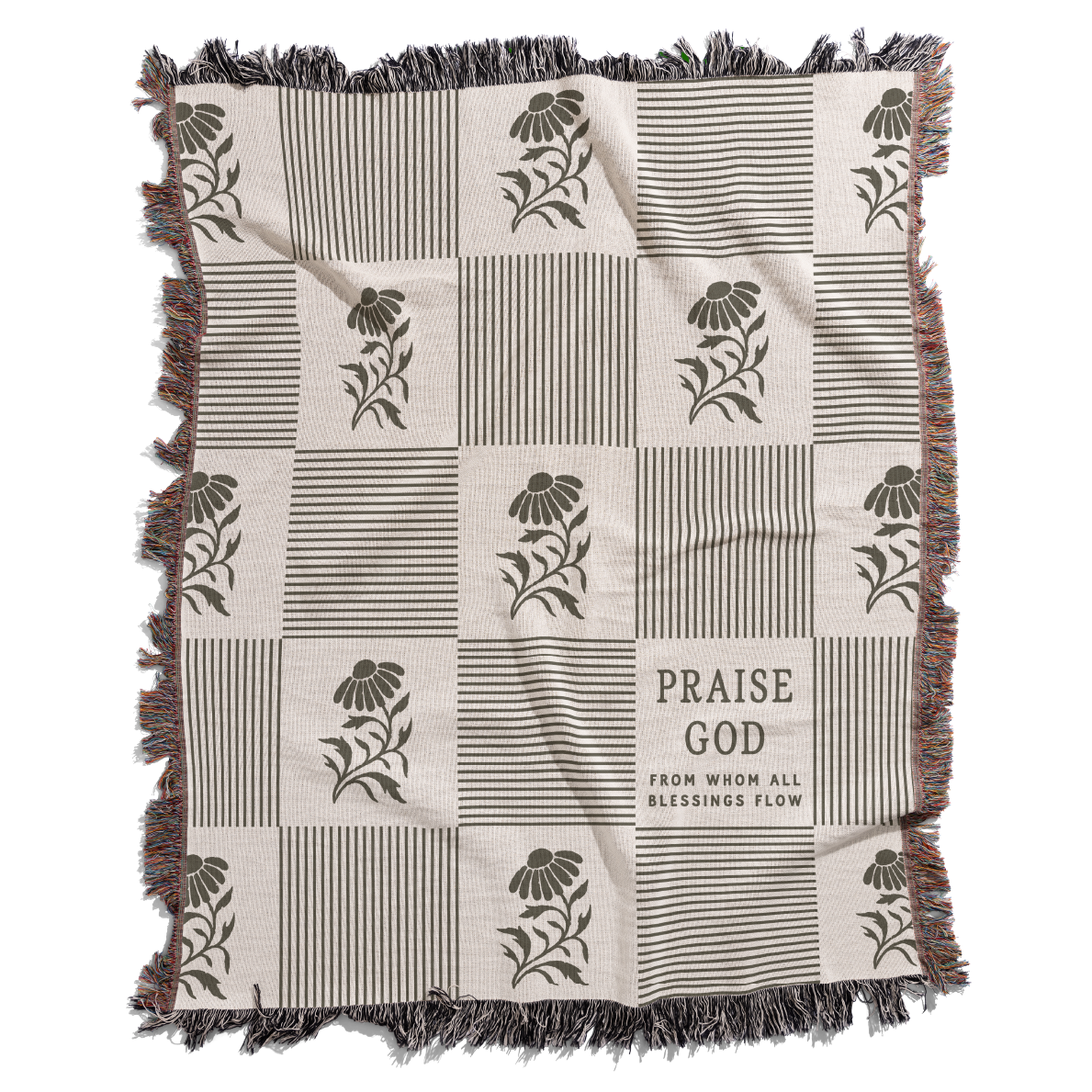 Blanket with floral patterns and 'Praise God' text on a white background