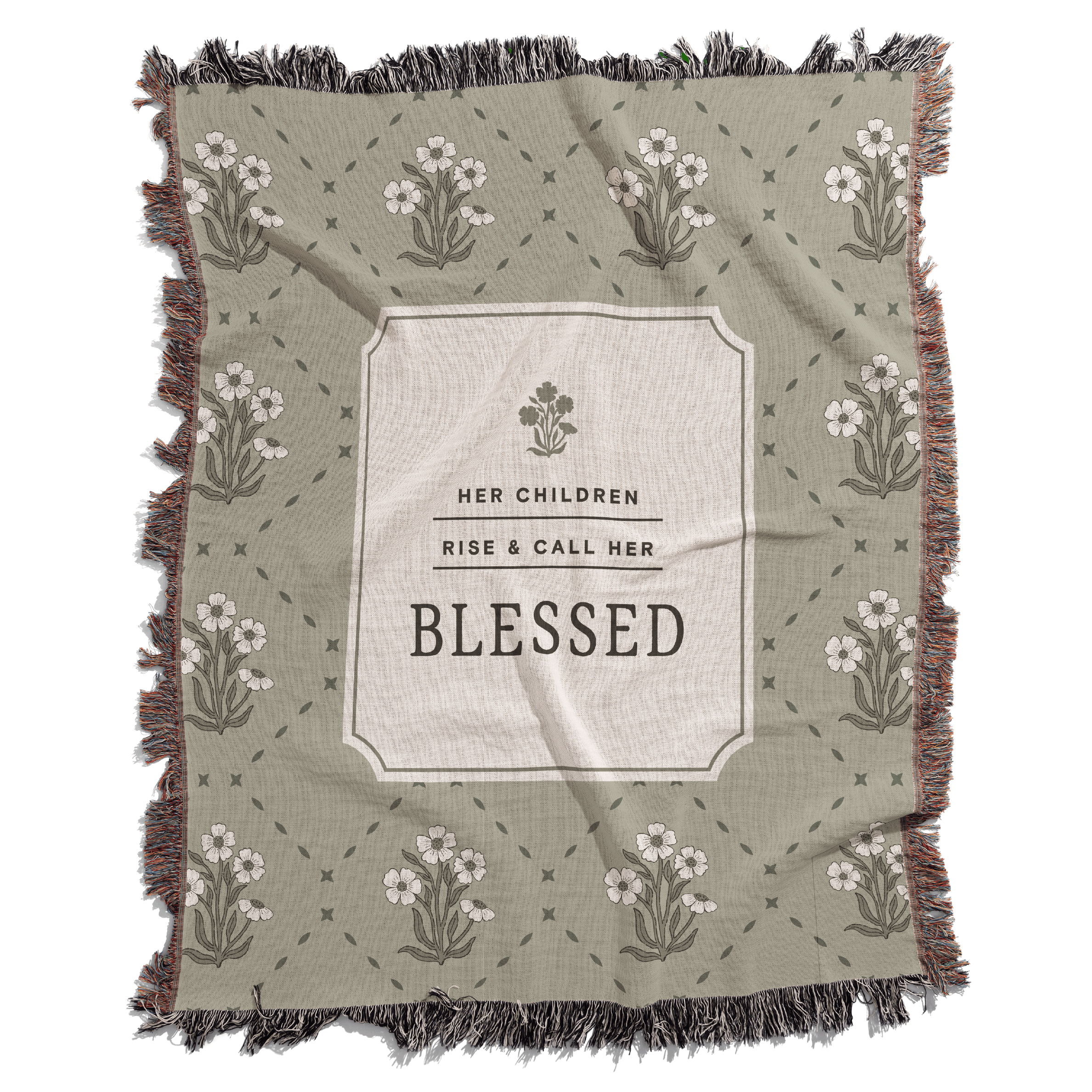 Green blanket with floral patterns and a central text message on a white background