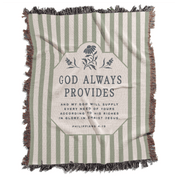 Striped blanket with text and floral design on a white background