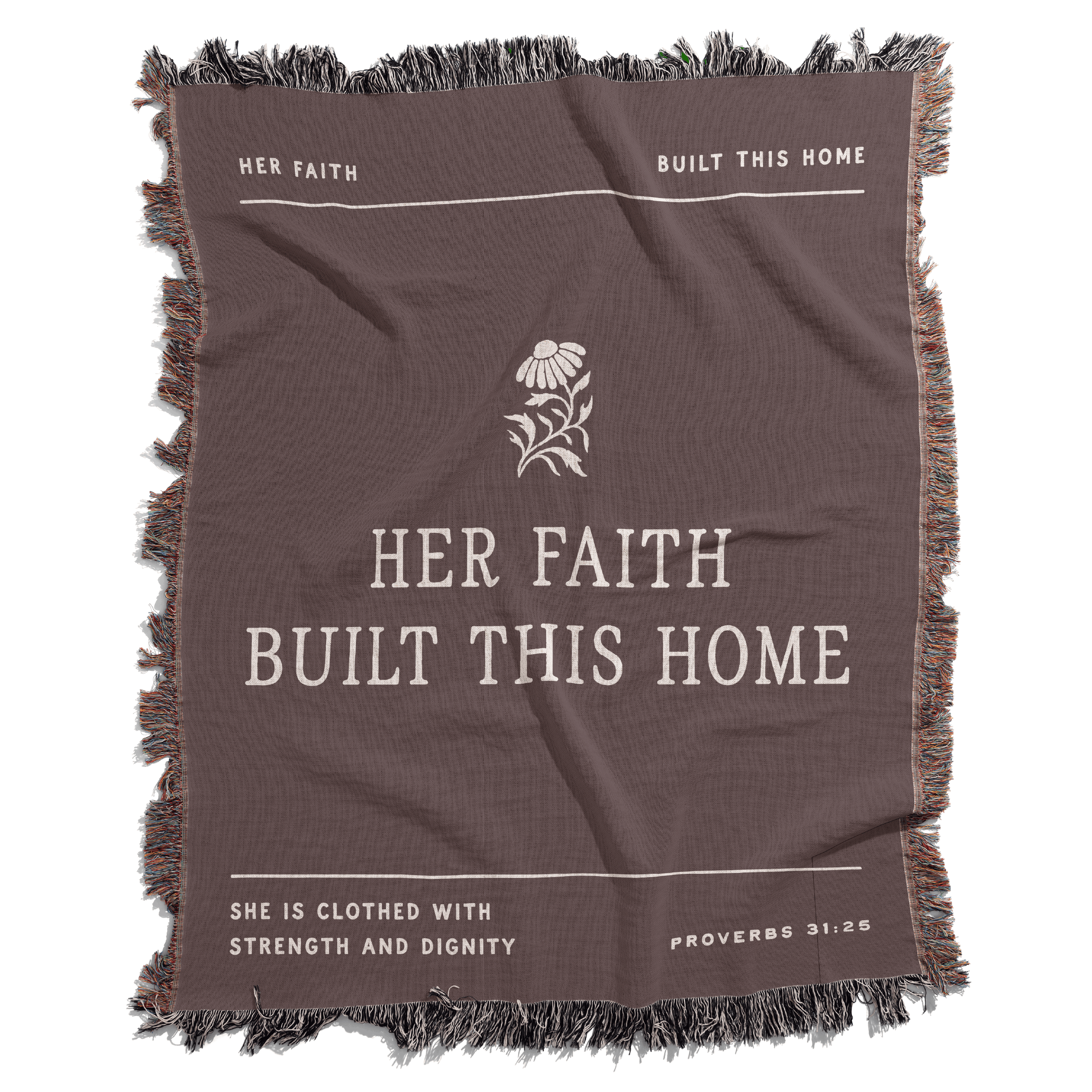 Brown blanket with text and floral design on a white background
