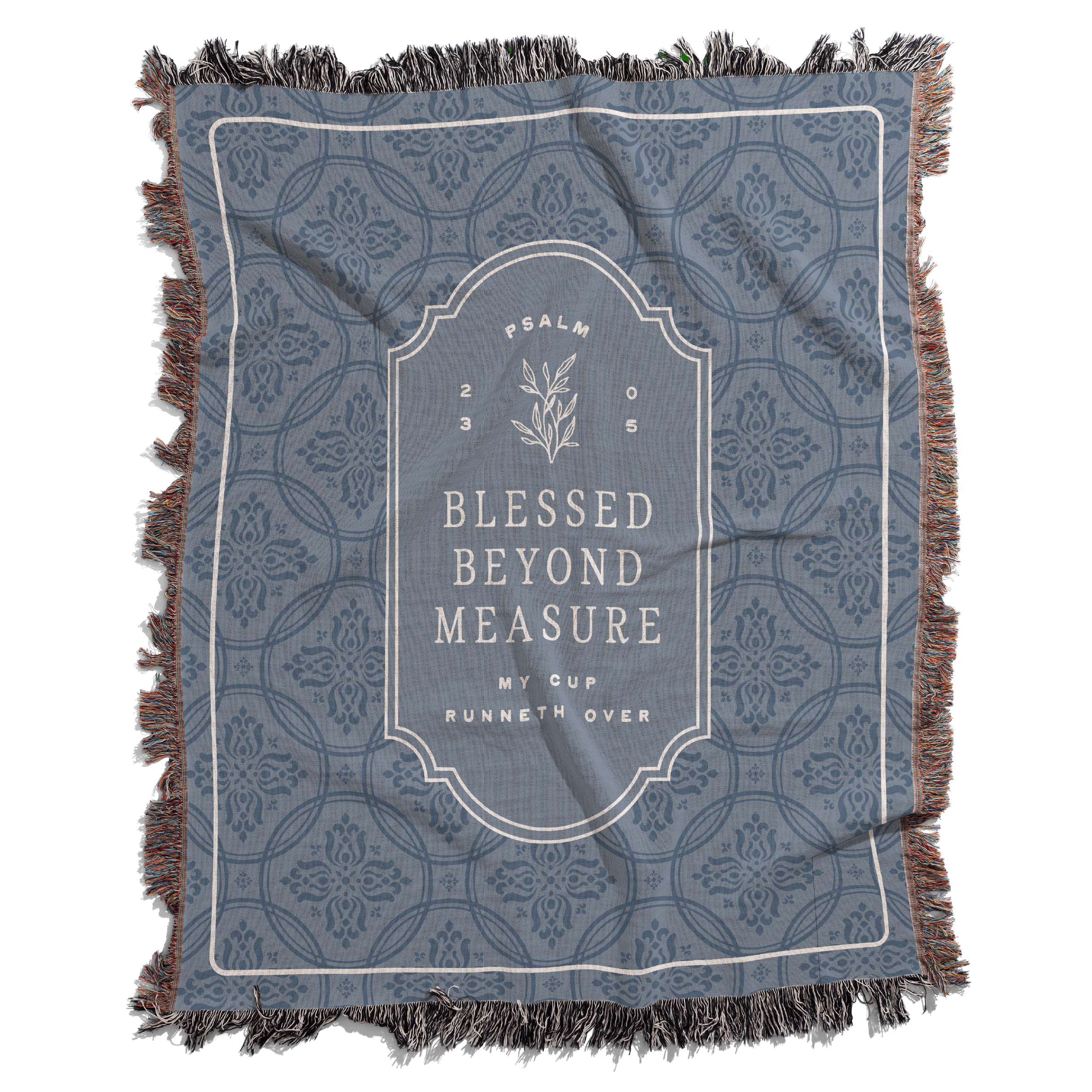 Blue patterned throw blanket with 'Blessed Beyond Measure' text on a white background