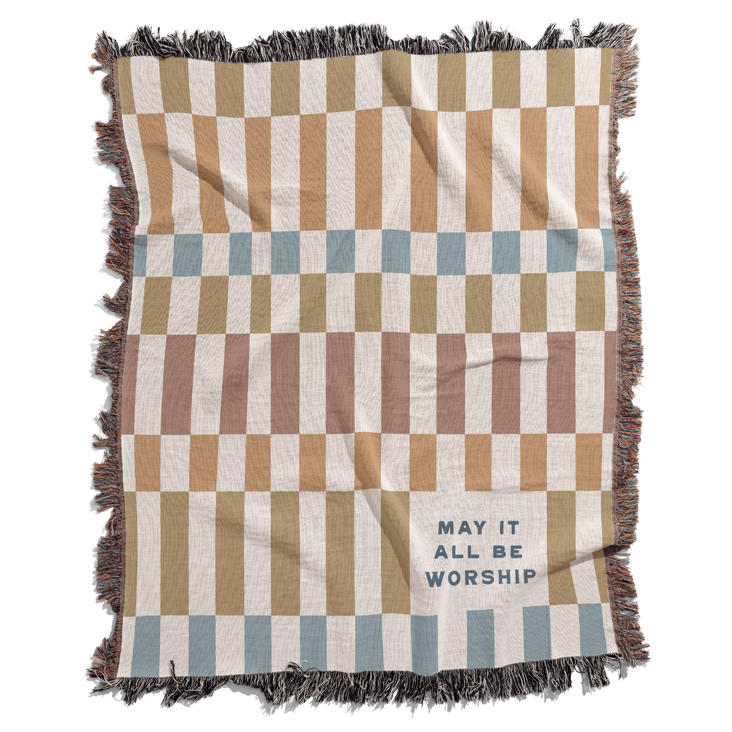 Checkered throw blanket with text 'May it all be worship' on a white background