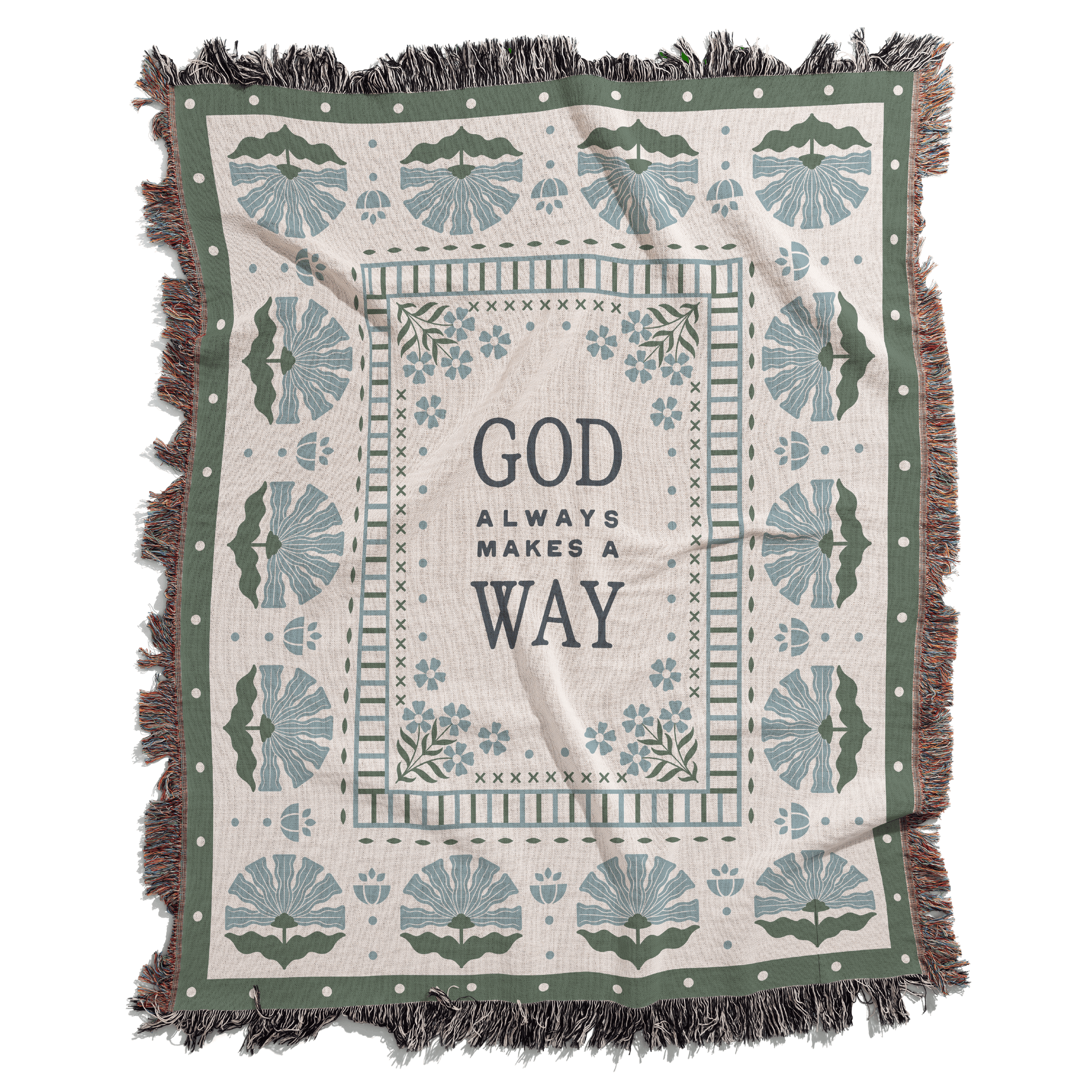 Blanket with 'God Always Makes a Way' text and decorative patterns on a white background